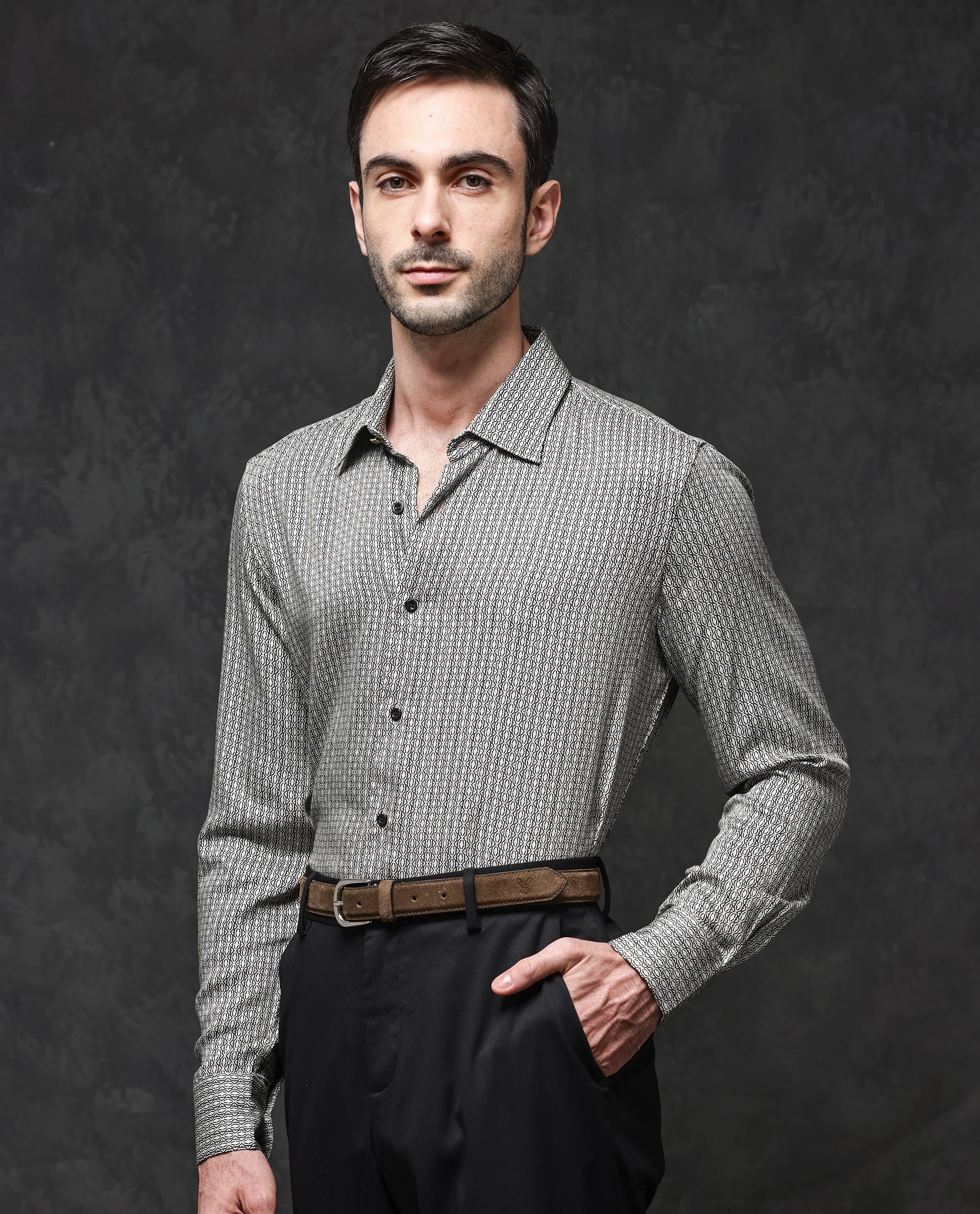 Rare Rabbit Men's Ceroz Beige Viscose Geometric Print Regular Fit Full Sleeve Collared Shirt - Image 8