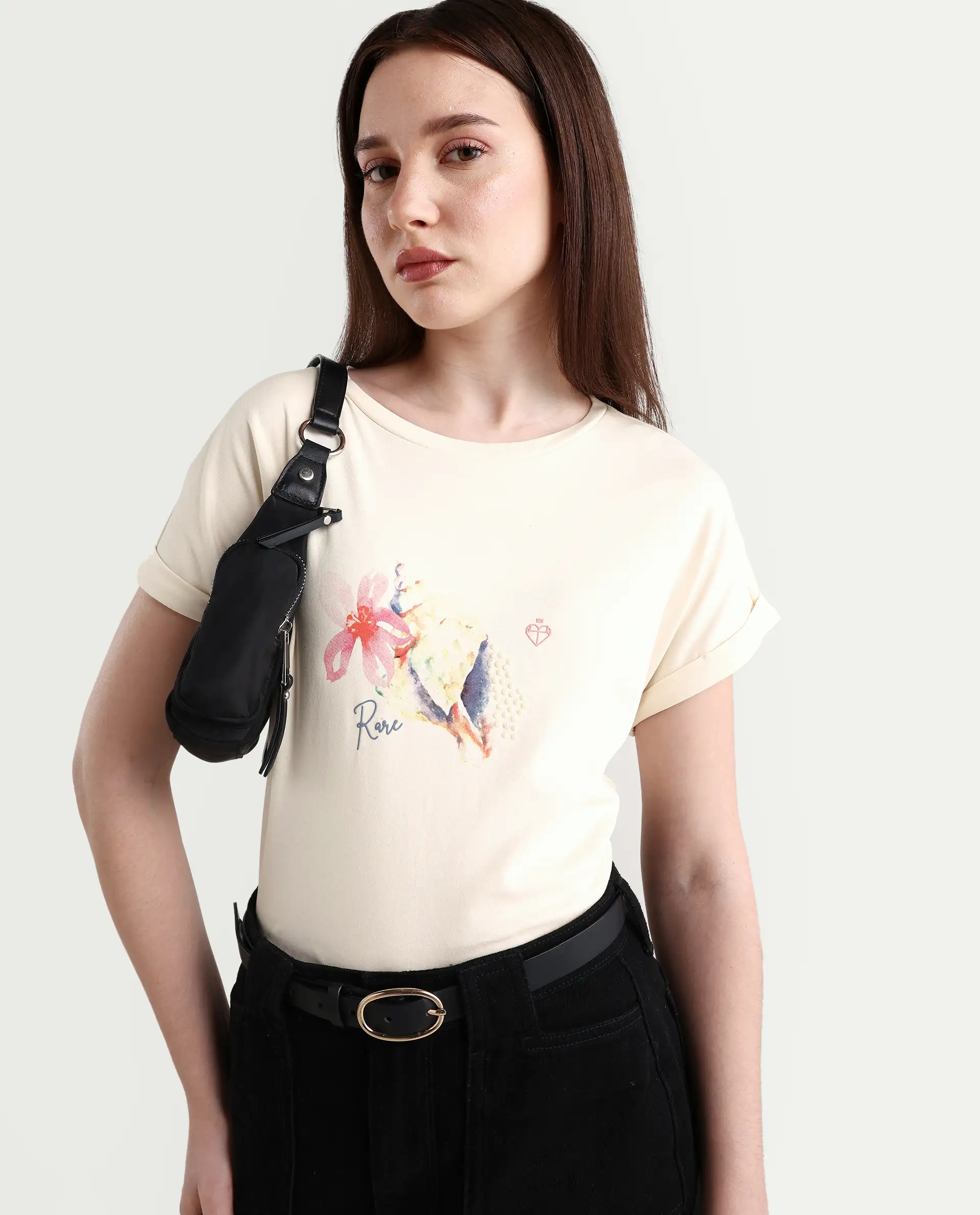 Rareism Women's Cersha Beige Cotton Crew Neck Graphic Print Extended Sleeves Boxy Fit T-Shirt