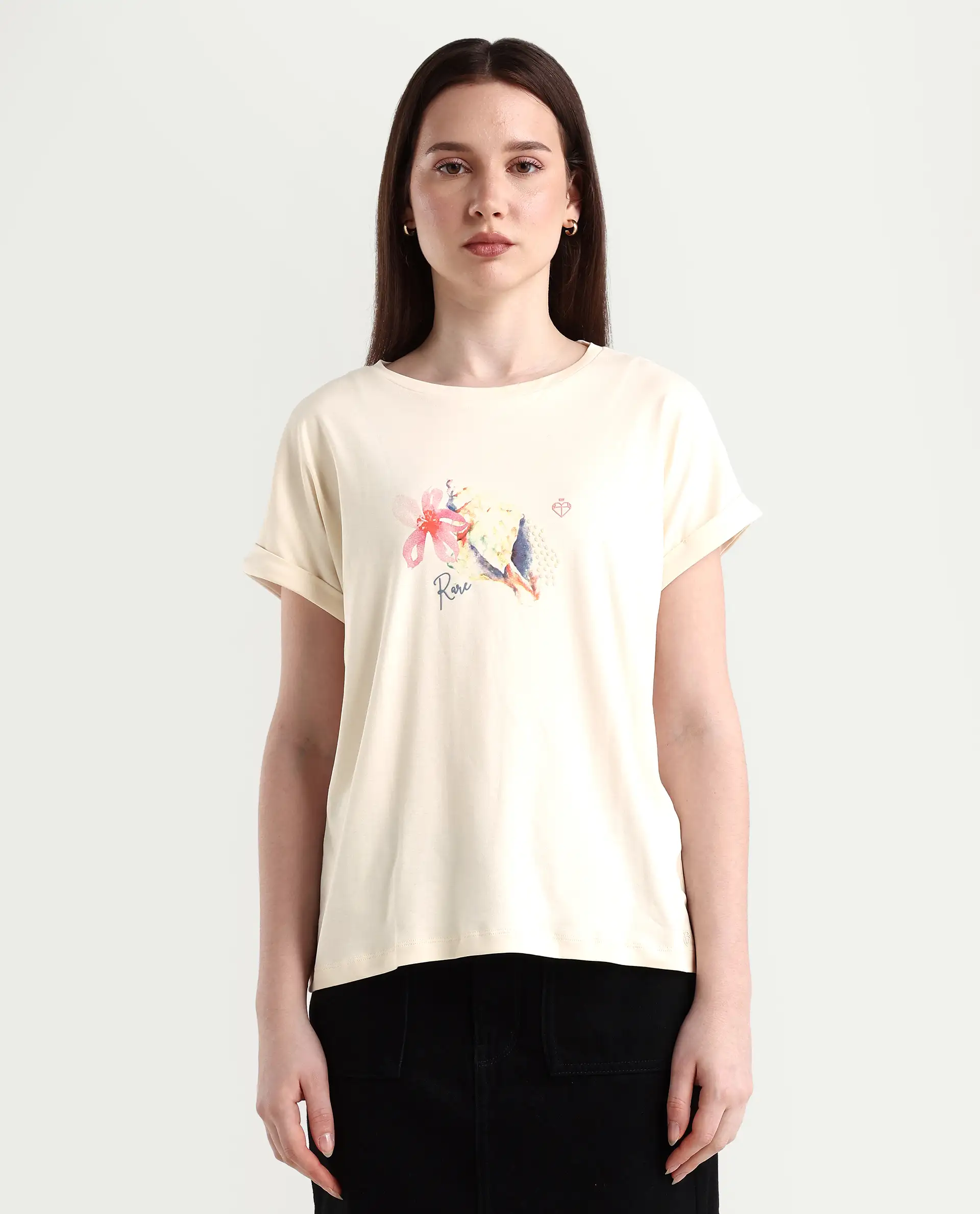 Rareism Women's Cersha Beige Cotton Crew Neck Graphic Print Extended Sleeves Boxy Fit T-Shirt - Image 3