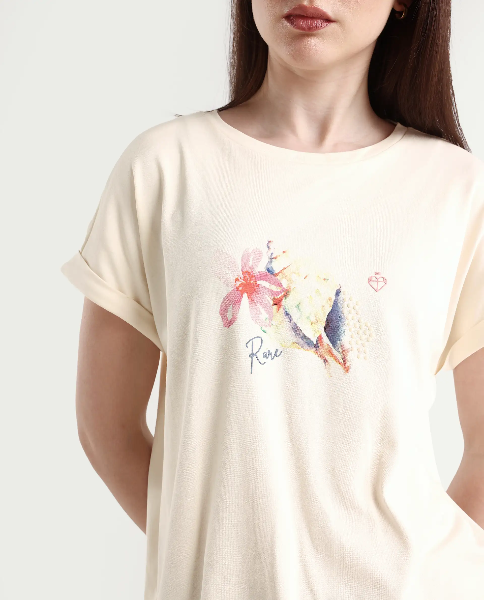 Rareism Women's Cersha Beige Cotton Crew Neck Graphic Print Extended Sleeves Boxy Fit T-Shirt - Image 4