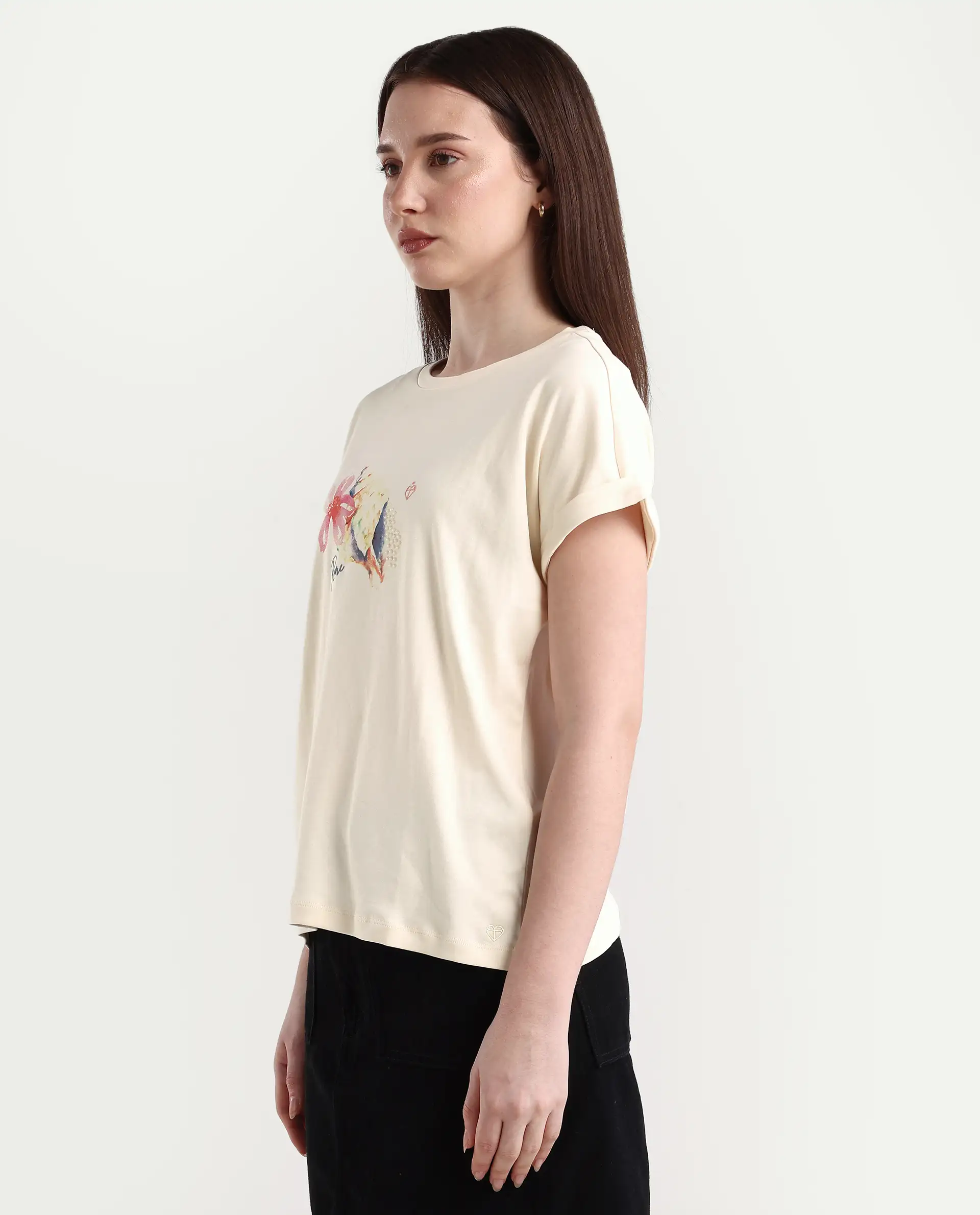 Rareism Women's Cersha Beige Cotton Crew Neck Graphic Print Extended Sleeves Boxy Fit T-Shirt - Image 5