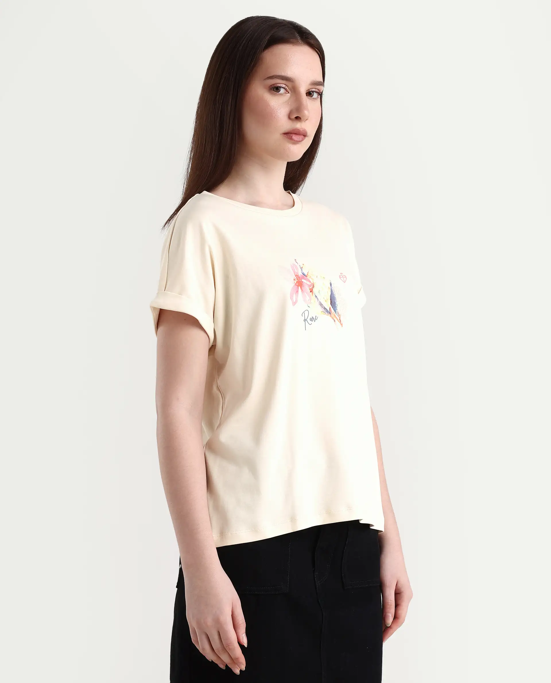 Rareism Women's Cersha Beige Cotton Crew Neck Graphic Print Extended Sleeves Boxy Fit T-Shirt - Image 6