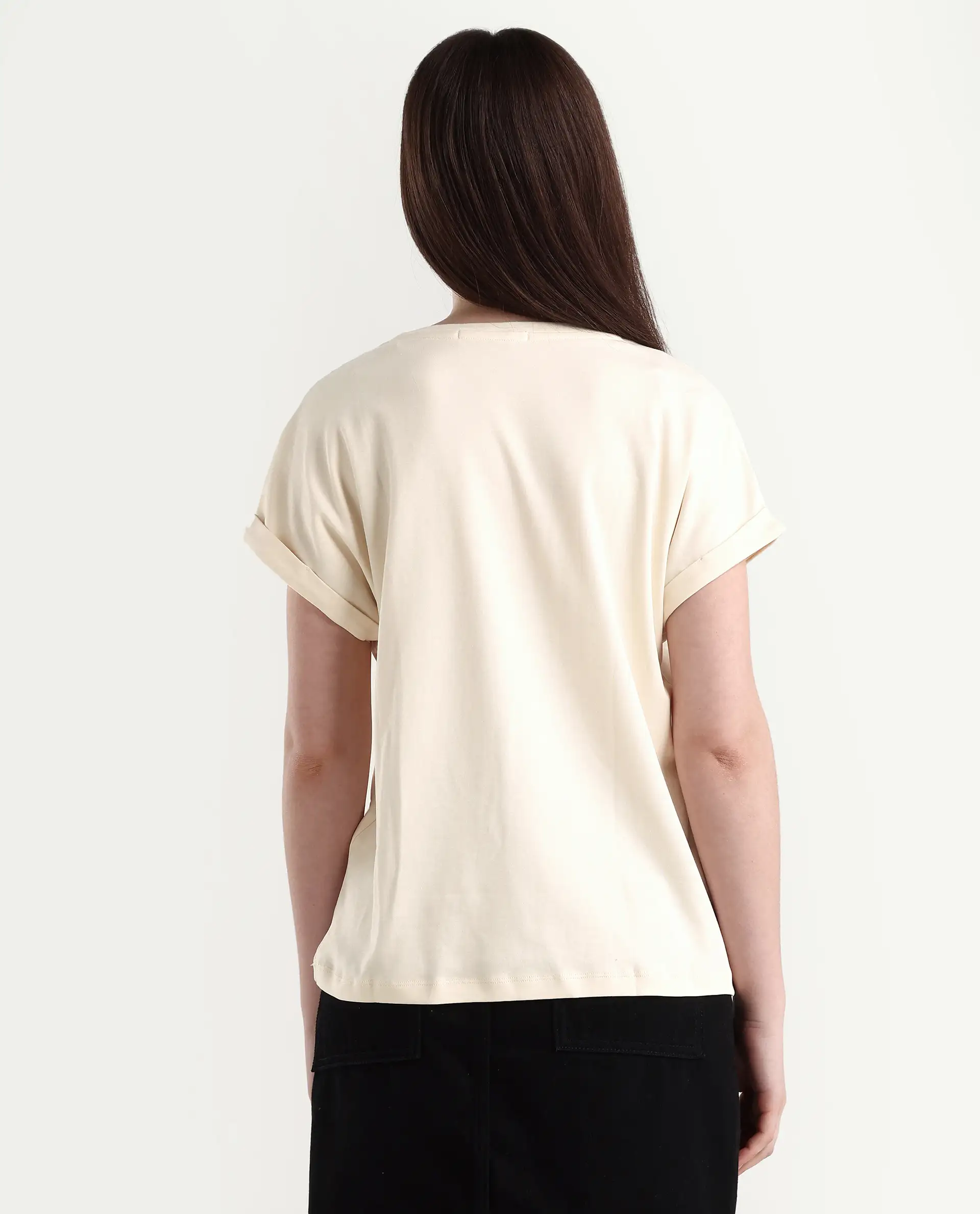 Rareism Women's Cersha Beige Cotton Crew Neck Graphic Print Extended Sleeves Boxy Fit T-Shirt - Image 7
