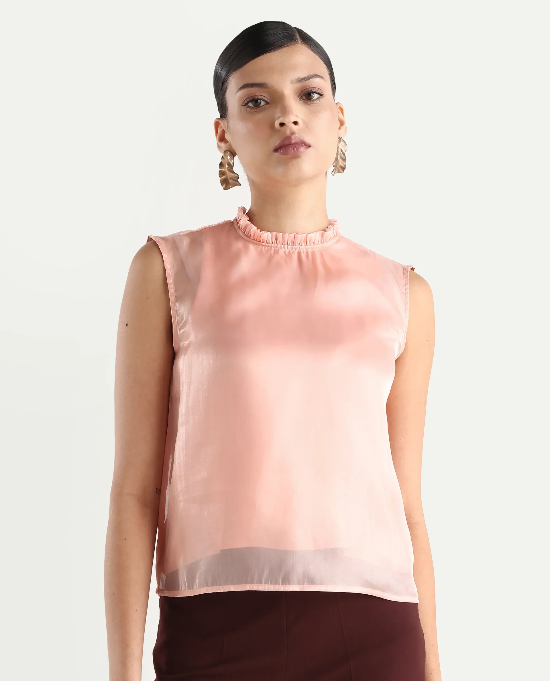 Rareism Women's Cessena Beige Cotton Mandarin Collar Plain Sleeveless Regular Fit Top - Image 5