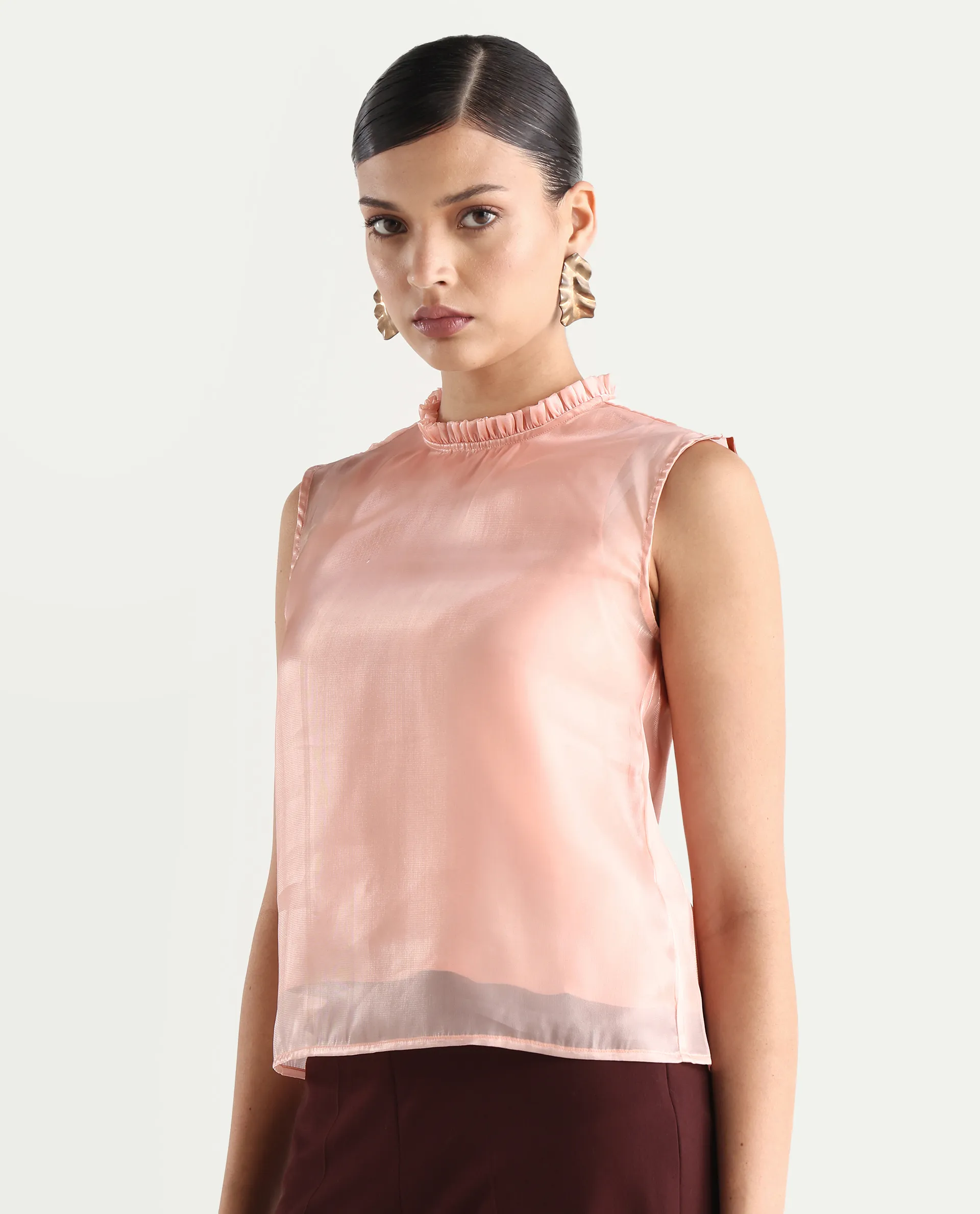 Rareism Women's Cessena Beige Cotton Mandarin Collar Plain Sleeveless Regular Fit Top - Image 7
