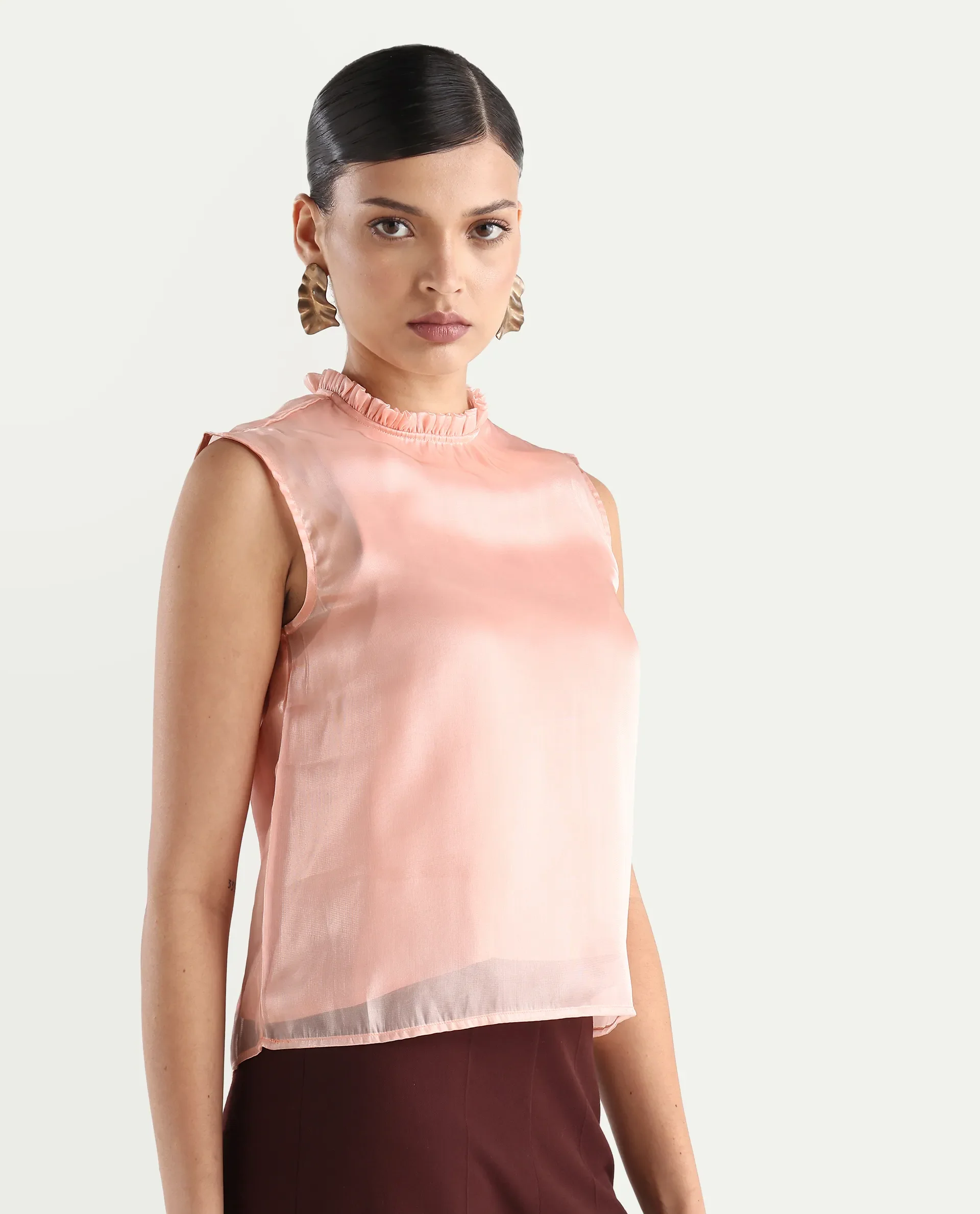 Rareism Women's Cessena Beige Cotton Mandarin Collar Plain Sleeveless Regular Fit Top - Image 8