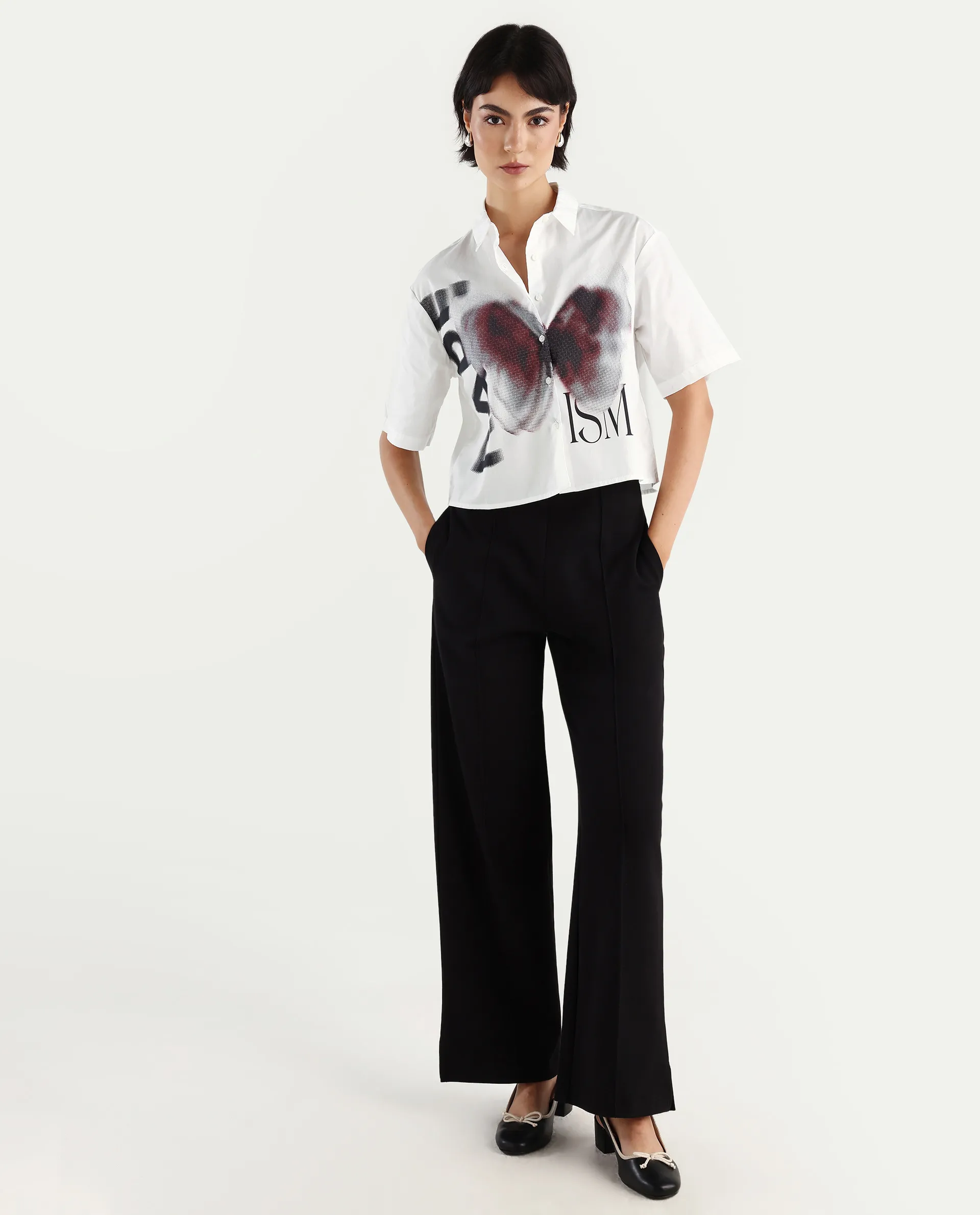 Rareism Women's Cetiop White Cotton Drop Collar Graphic Print Boxy Fit Shirt - Image 2