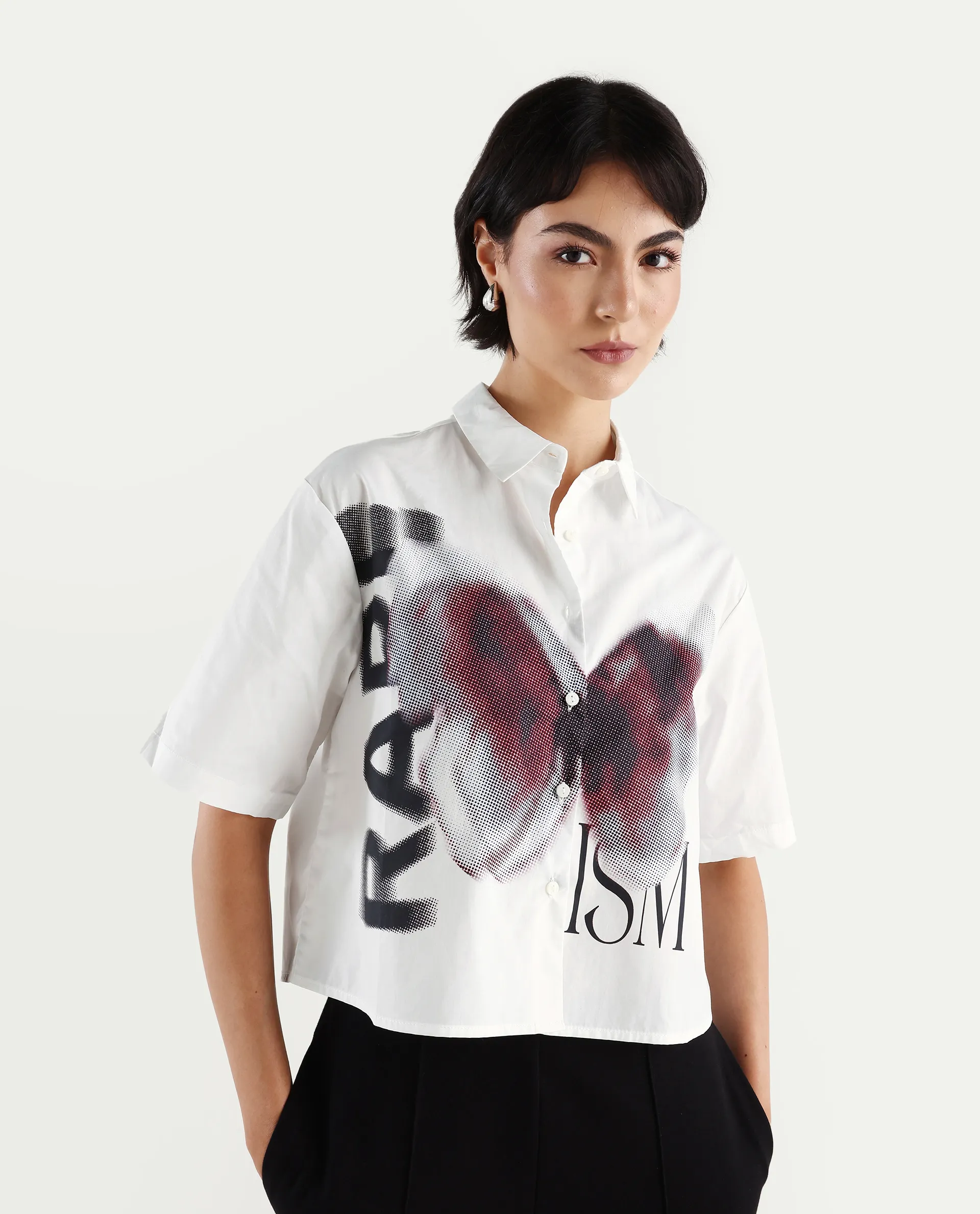 Rareism Women's Cetiop White Cotton Drop Collar Graphic Print Boxy Fit Shirt - Image 3