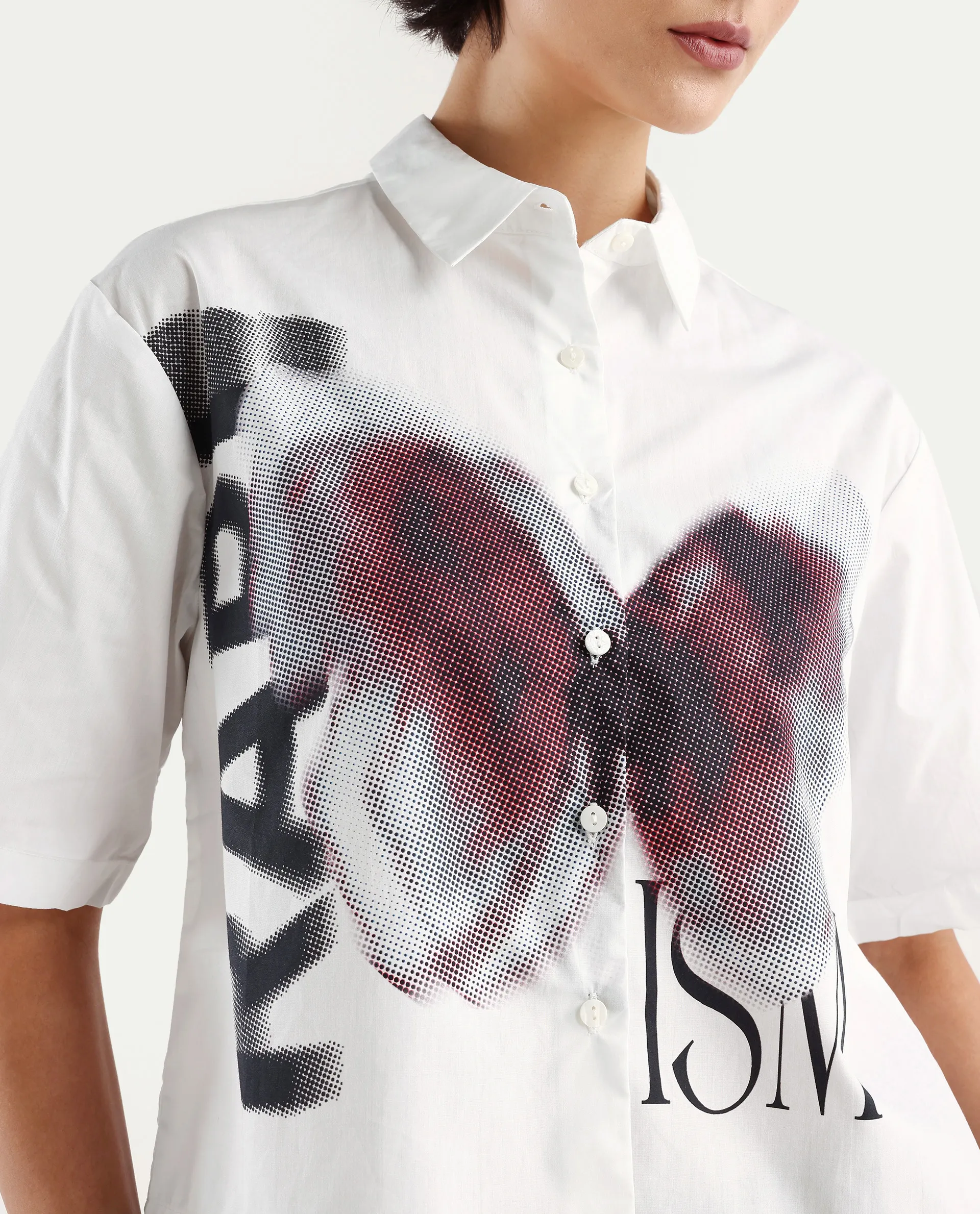 Rareism Women's Cetiop White Cotton Drop Collar Graphic Print Boxy Fit Shirt - Image 4