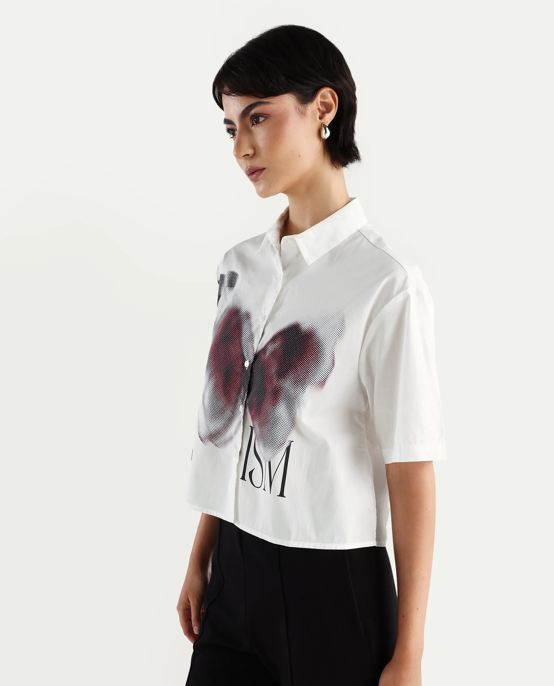Rareism Women's Cetiop White Cotton Drop Collar Graphic Print Boxy Fit Shirt - Image 5