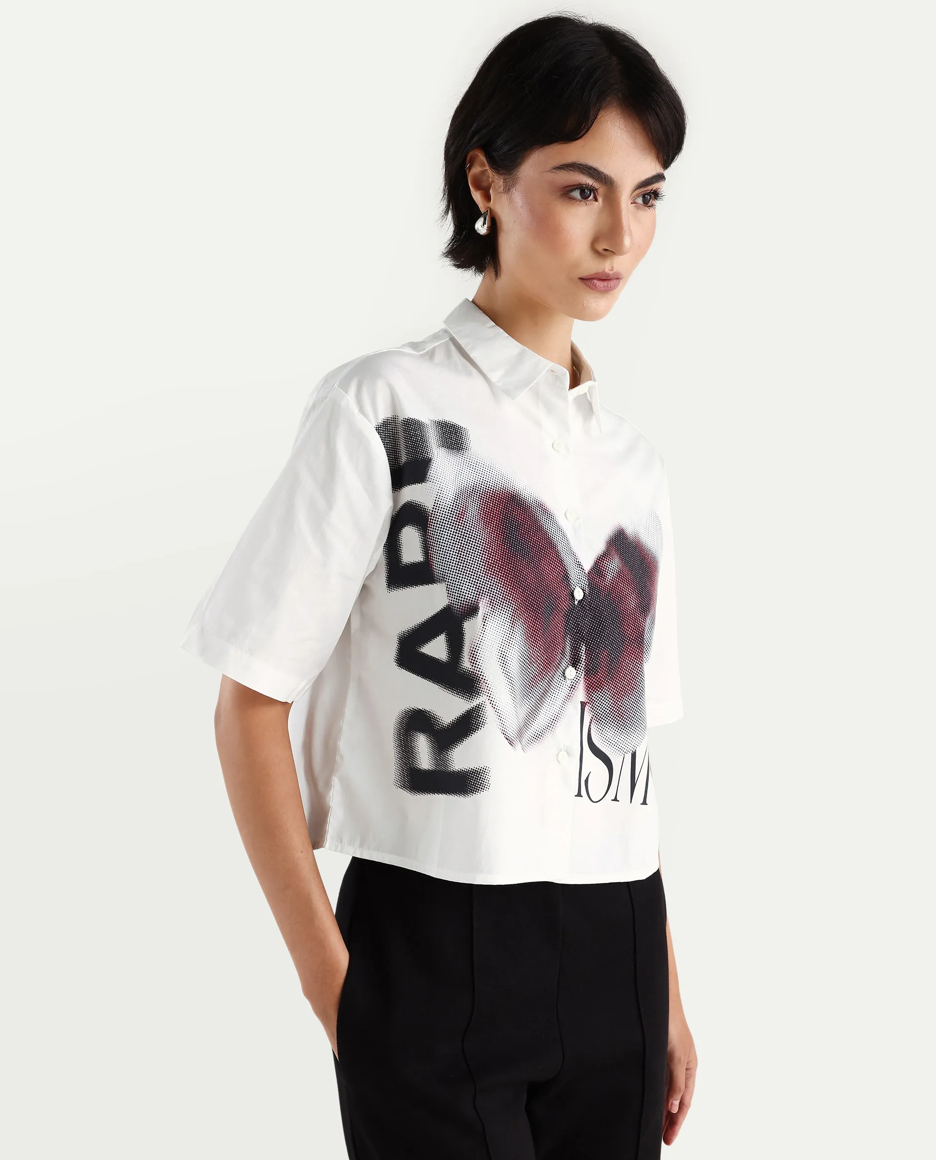Rareism Women's Cetiop White Cotton Drop Collar Graphic Print Boxy Fit Shirt - Image 6