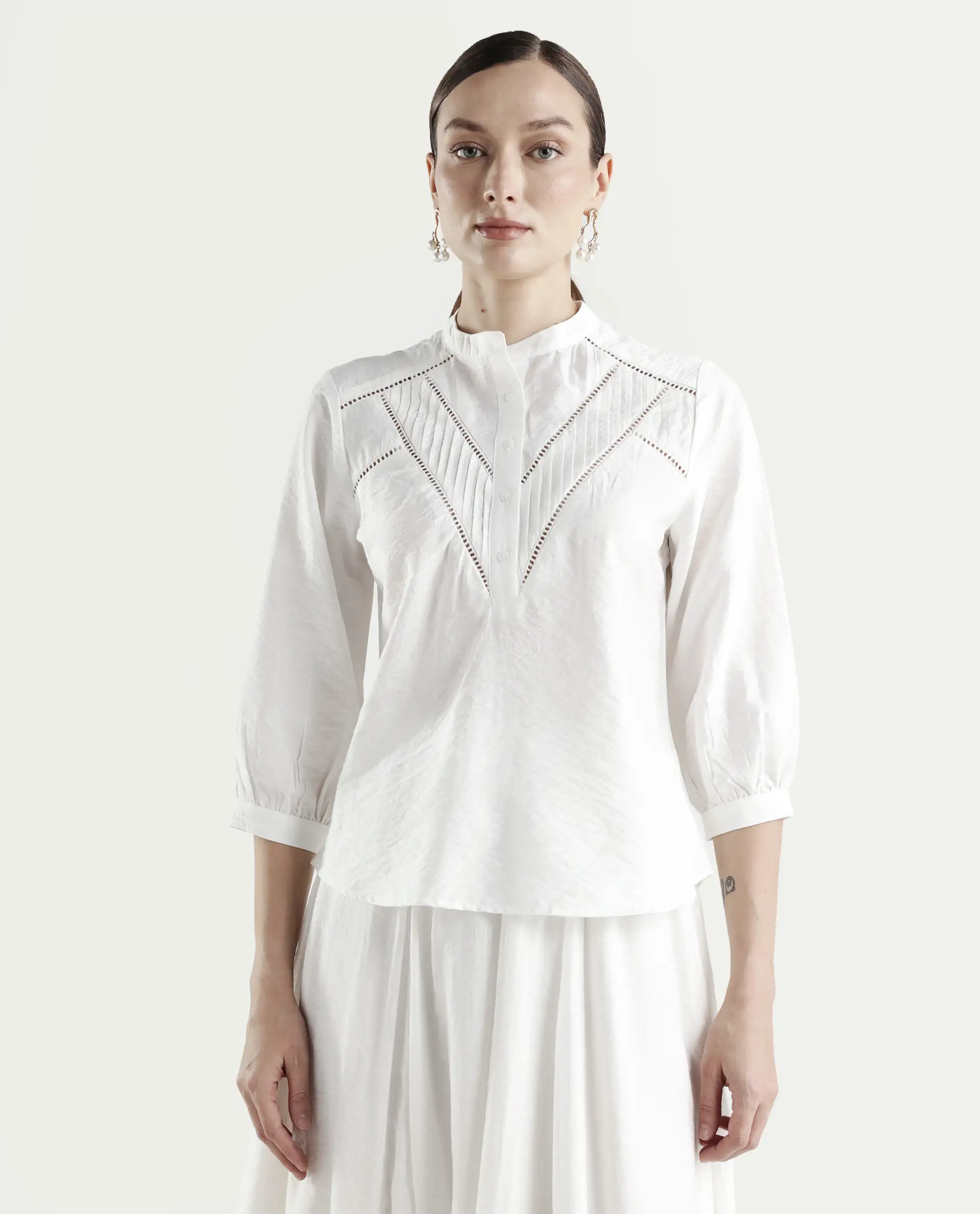 Rareism Women's Ceya White Viscose Blend 3/4th Sleeve Regular Fit Plain Top - Image 3