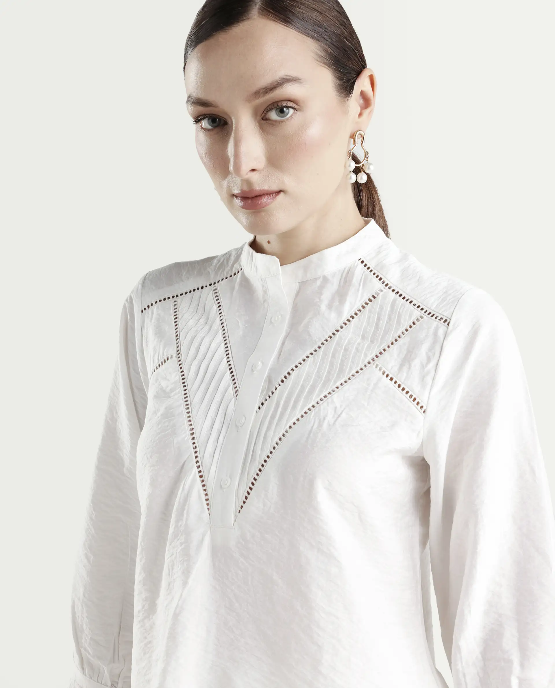 Rareism Women's Ceya White Viscose Blend 3/4th Sleeve Regular Fit Plain Top - Image 4
