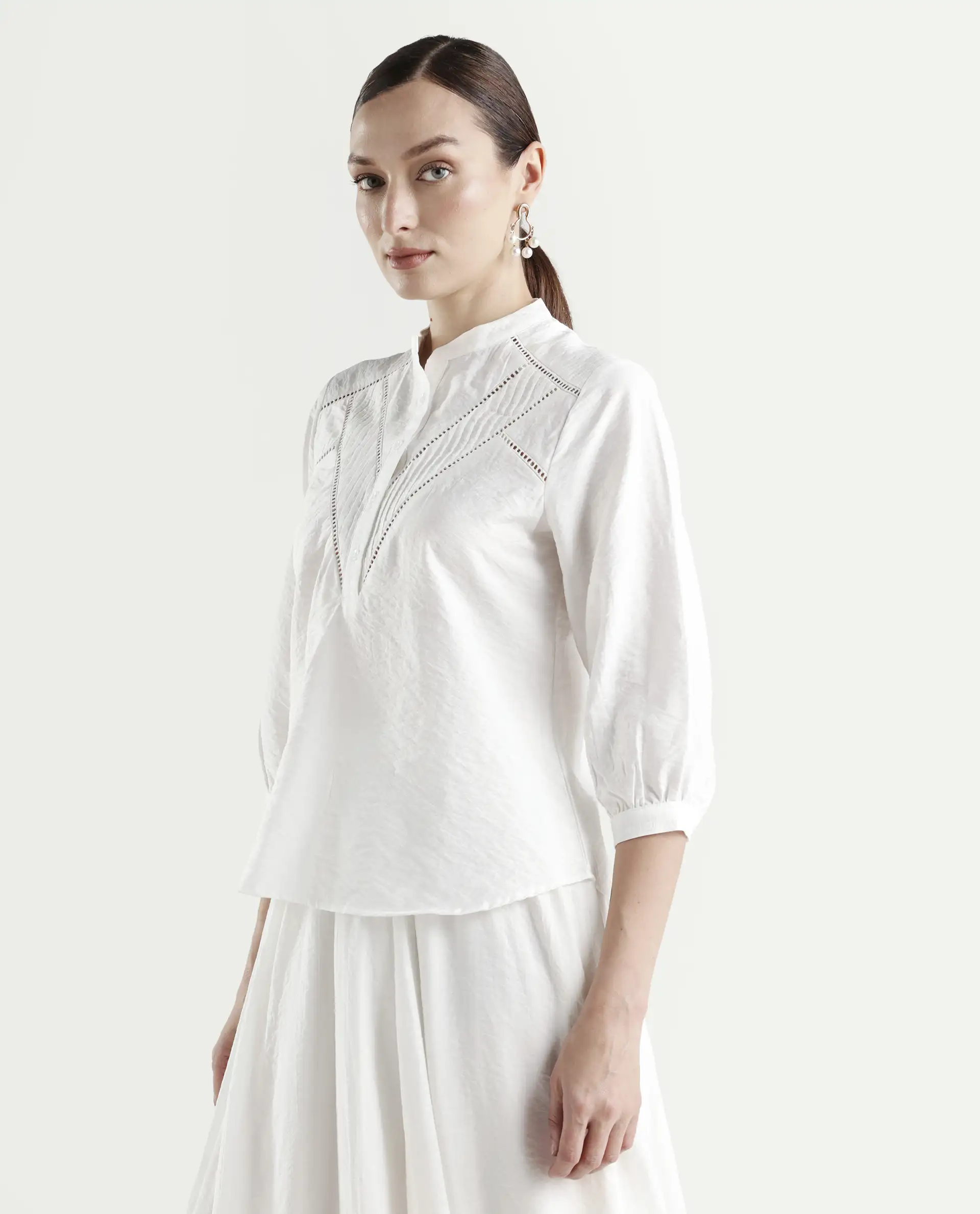 Rareism Women's Ceya White Viscose Blend 3/4th Sleeve Regular Fit Plain Top - Image 5