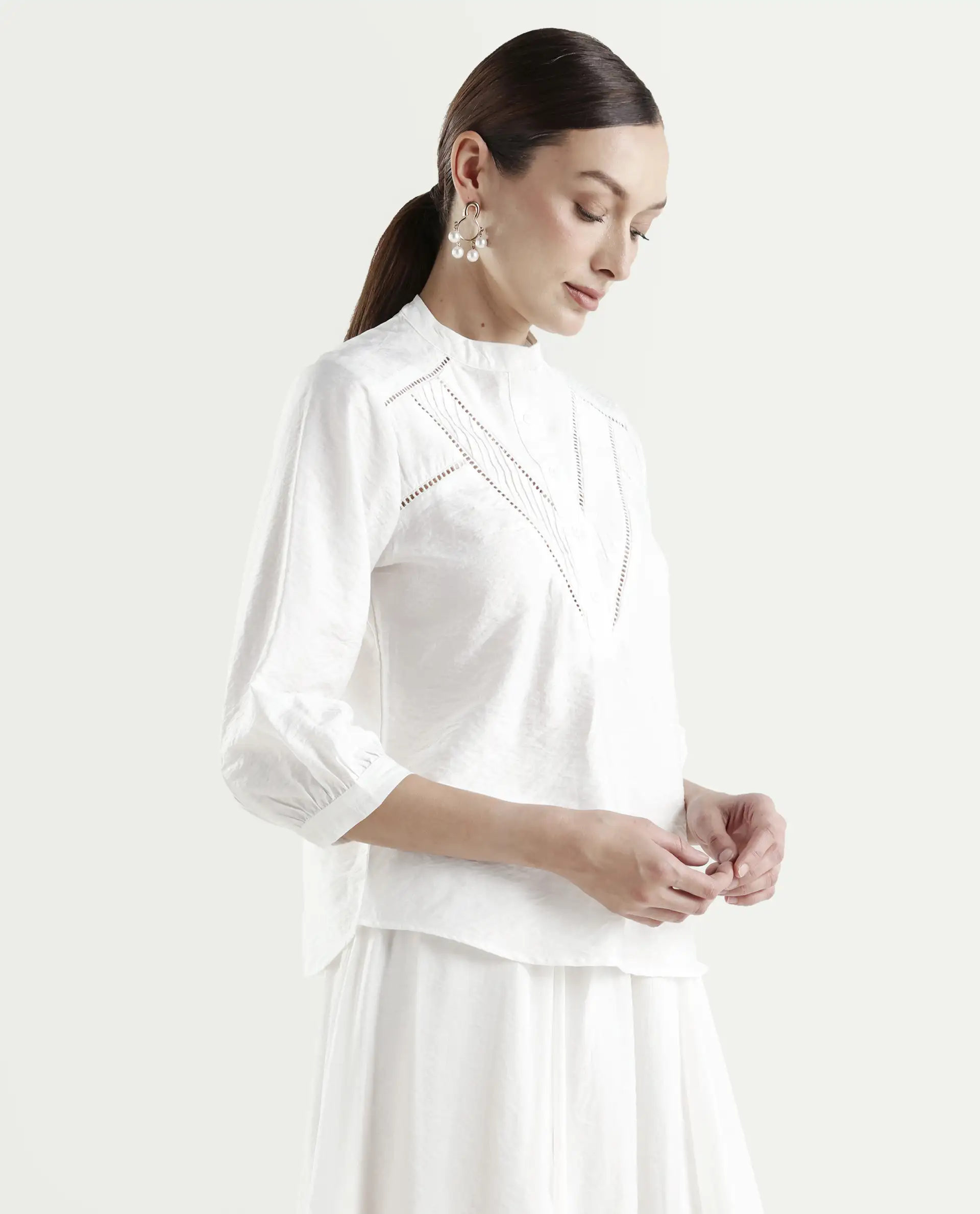 Rareism Women's Ceya White Viscose Blend 3/4th Sleeve Regular Fit Plain Top - Image 6