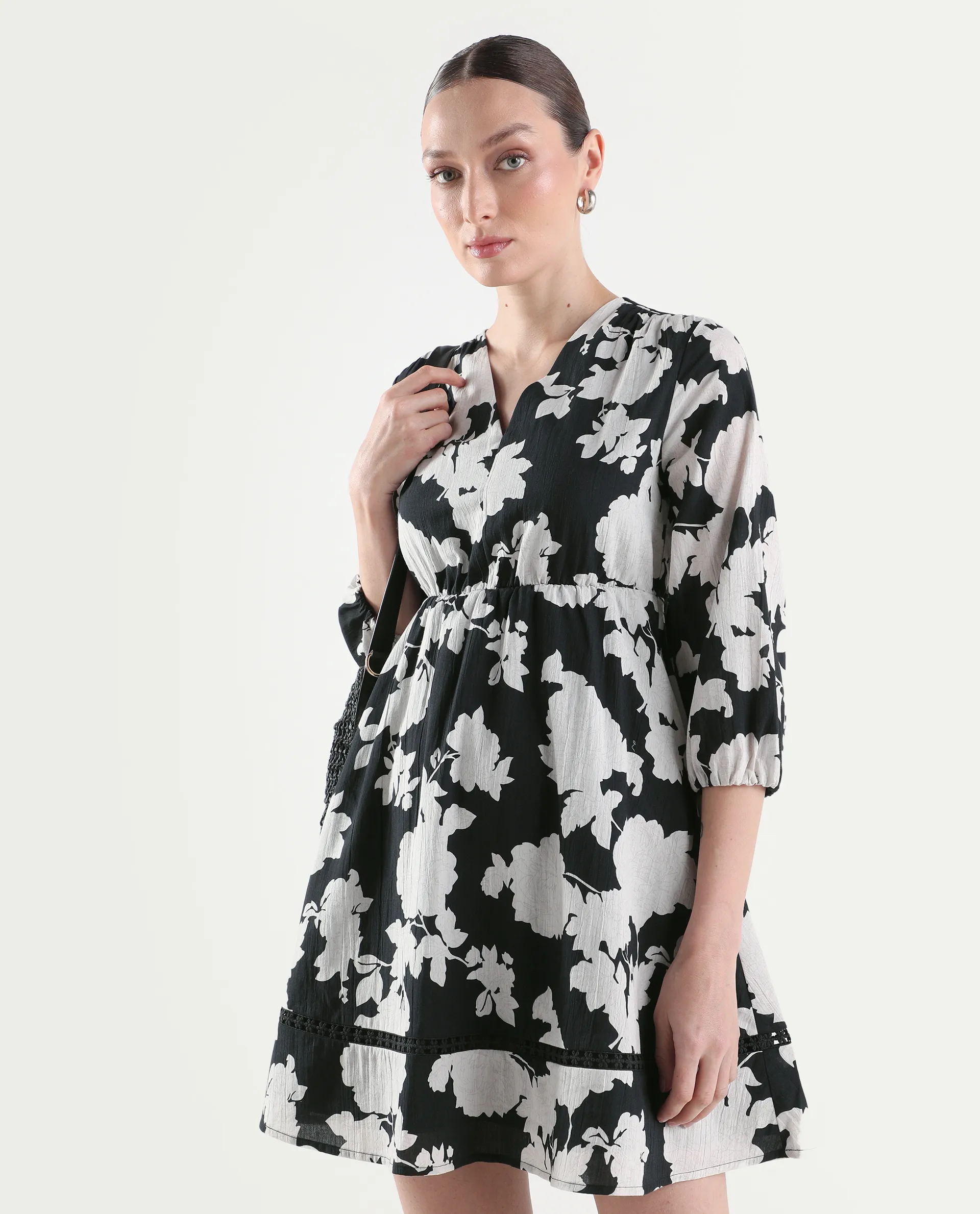 Rareism Women's Cezar Black Cotton 3/4Th Sleeve Flared Printed Dress
