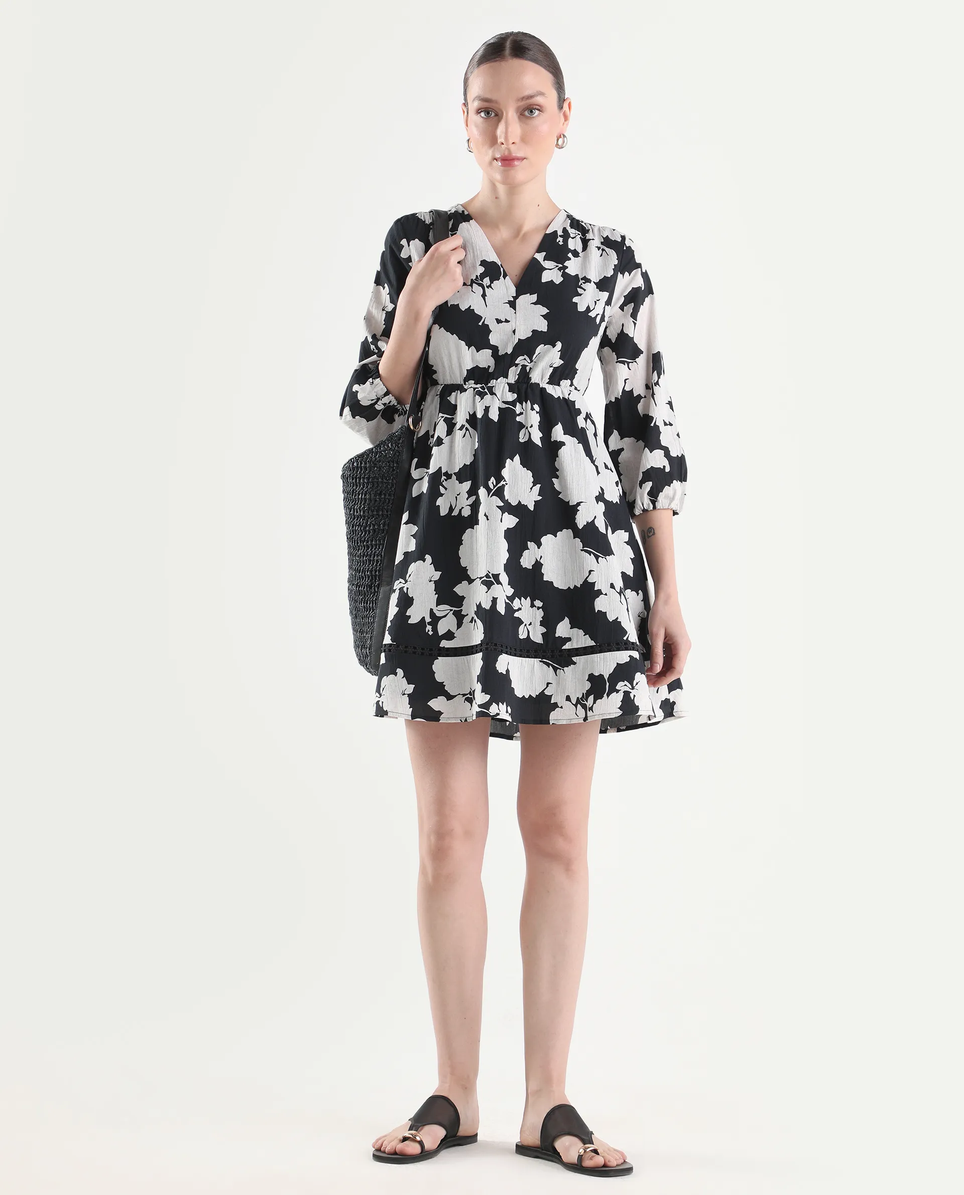 Rareism Women's Cezar Black Cotton 3/4Th Sleeve Flared Printed Dress - Image 2