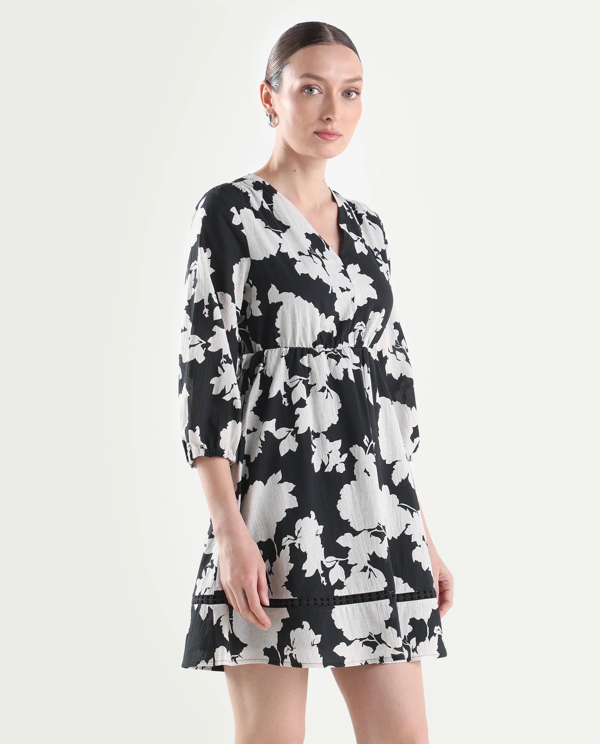 Rareism Women's Cezar Black Cotton 3/4Th Sleeve Flared Printed Dress - Image 6
