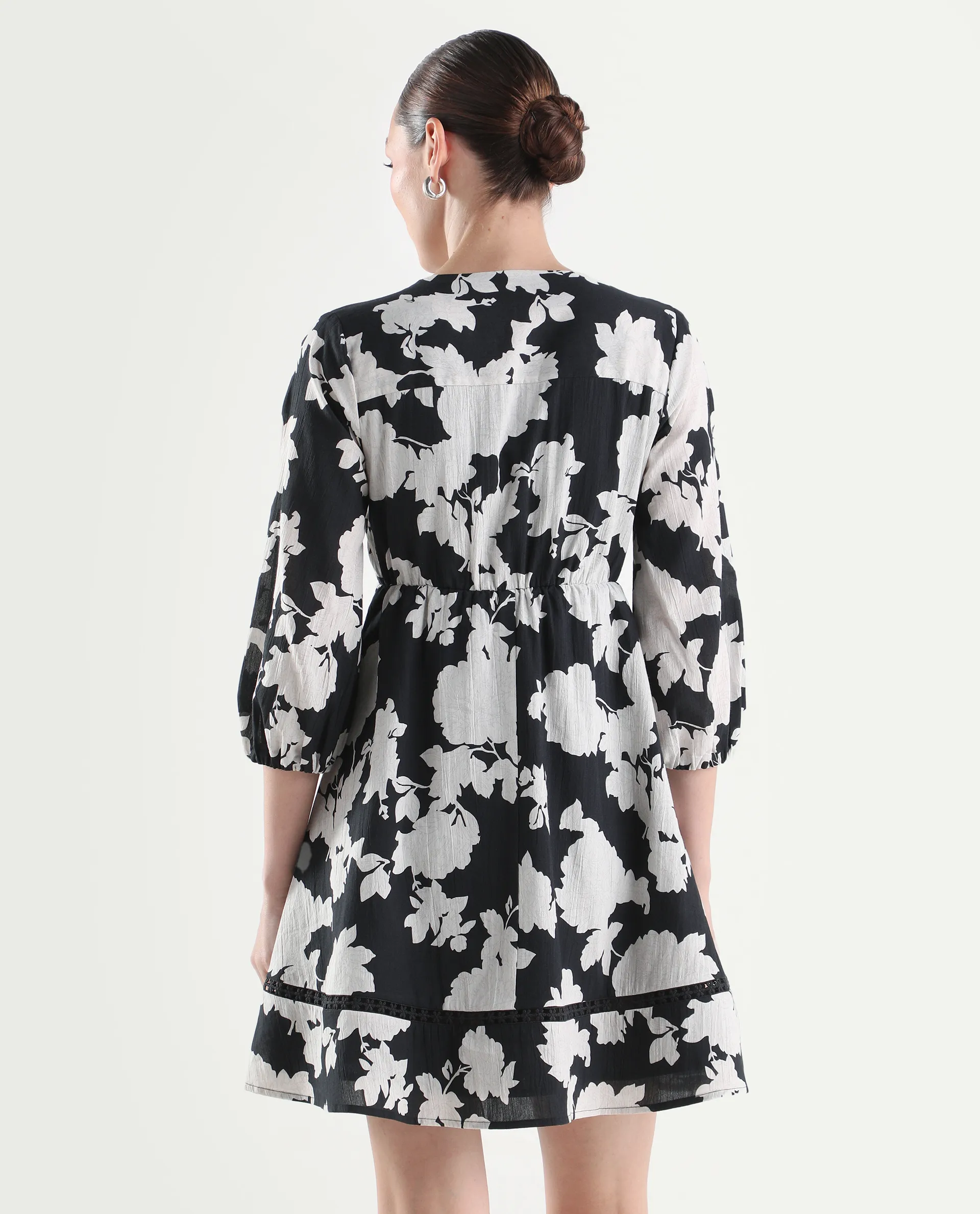 Rareism Women's Cezar Black Cotton 3/4Th Sleeve Flared Printed Dress - Image 7