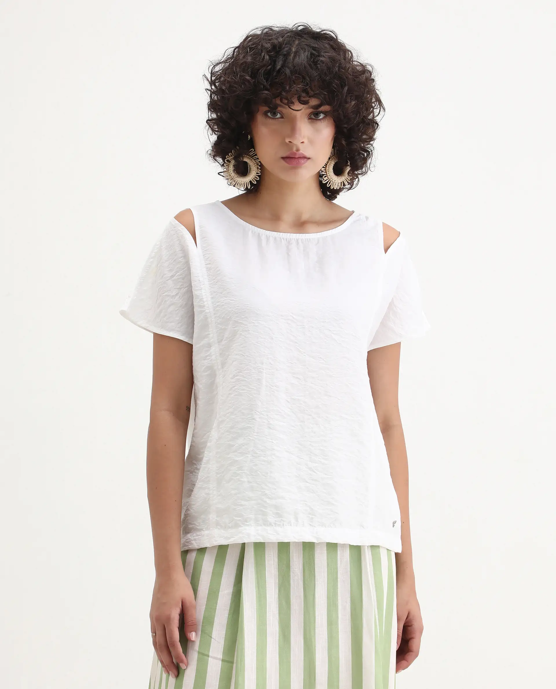 Rareism Women's Chabert White Rayon Boat Neck Plain Extended Sleeves Regular Fit Top - Image 4