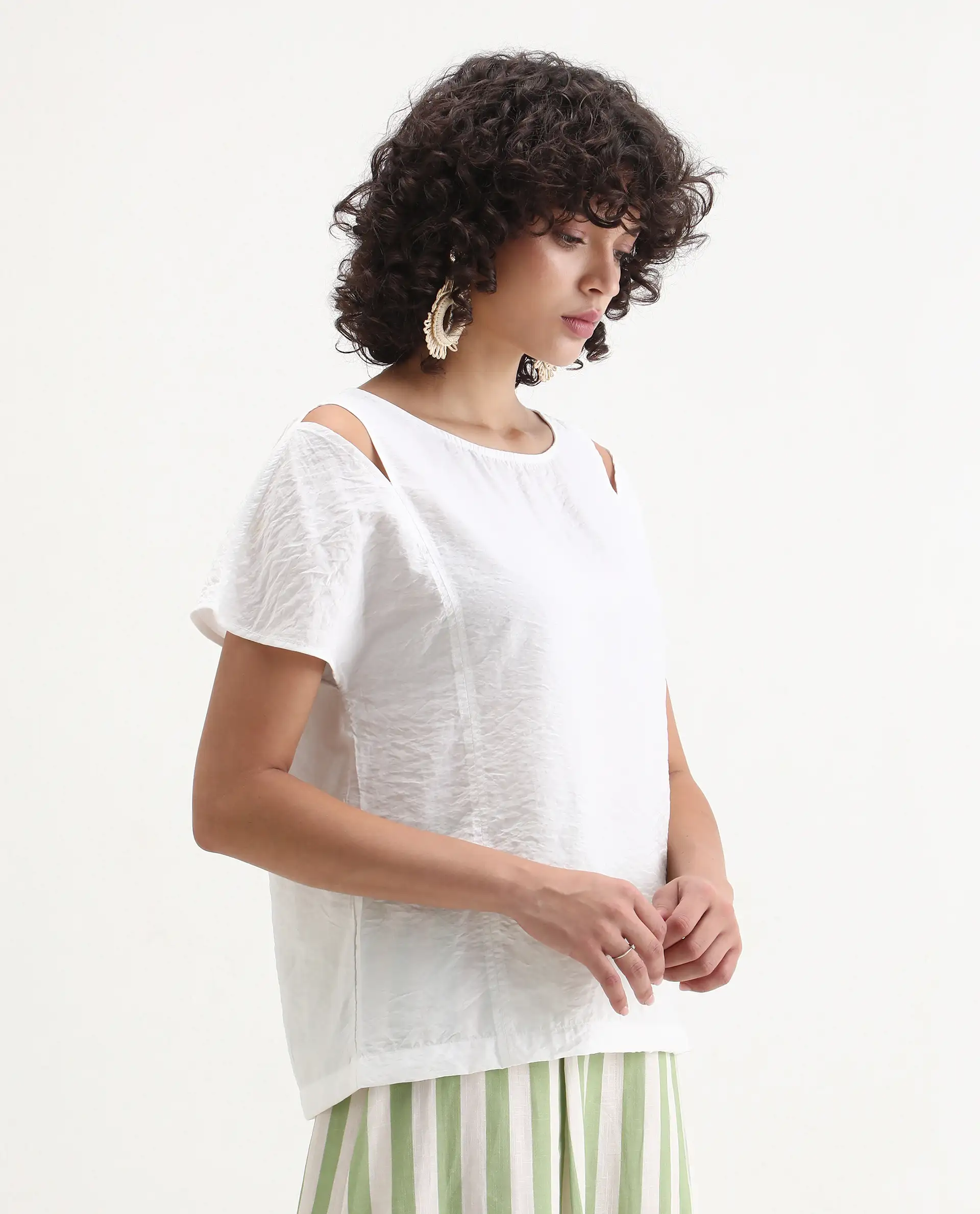 Rareism Women's Chabert White Rayon Boat Neck Plain Extended Sleeves Regular Fit Top - Image 5