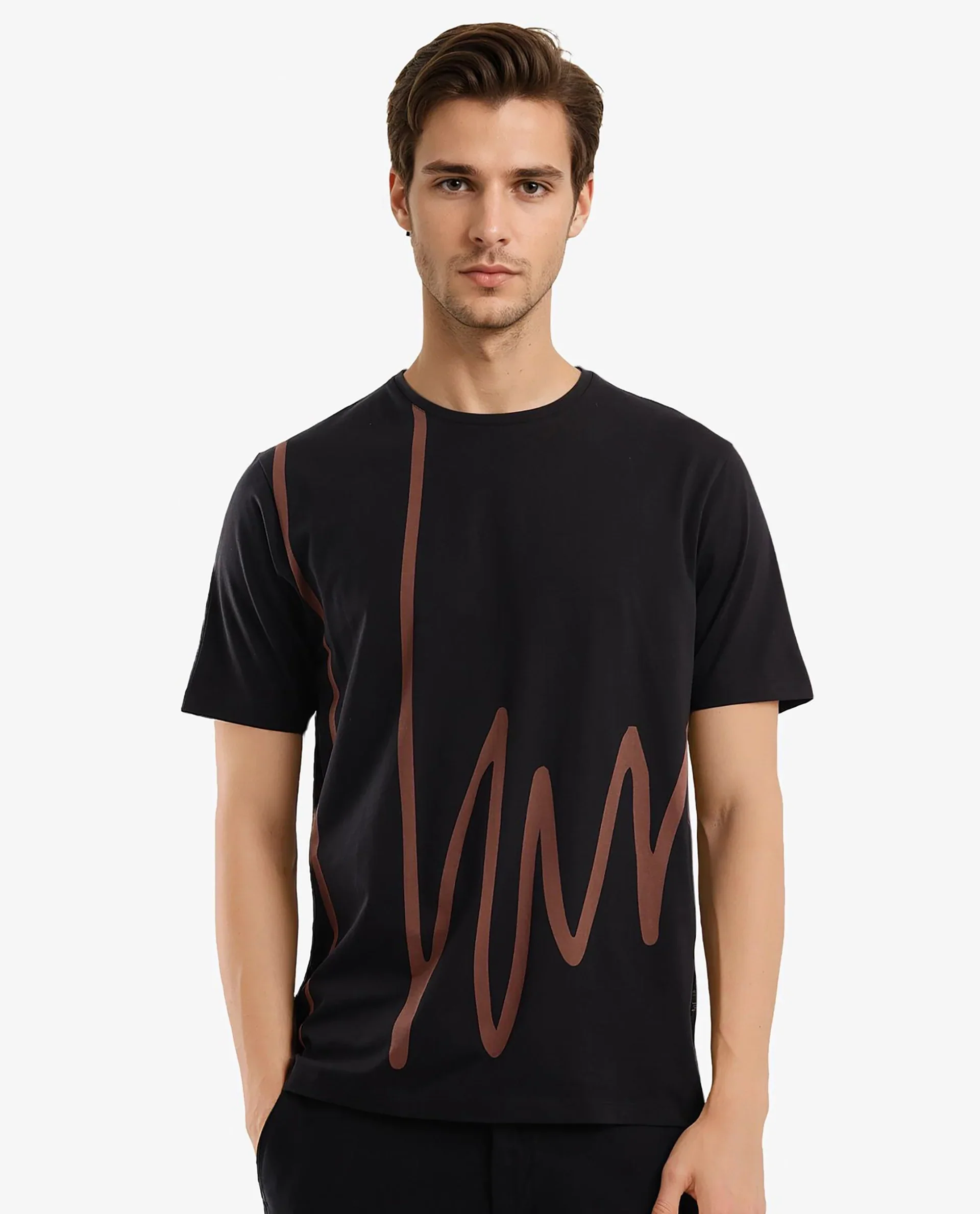 Rare Rabbit Men's Chael Black Cotton Blend Graphic Print Regular Fit Half Sleeve Crew Neck T-Shirt - Image 2