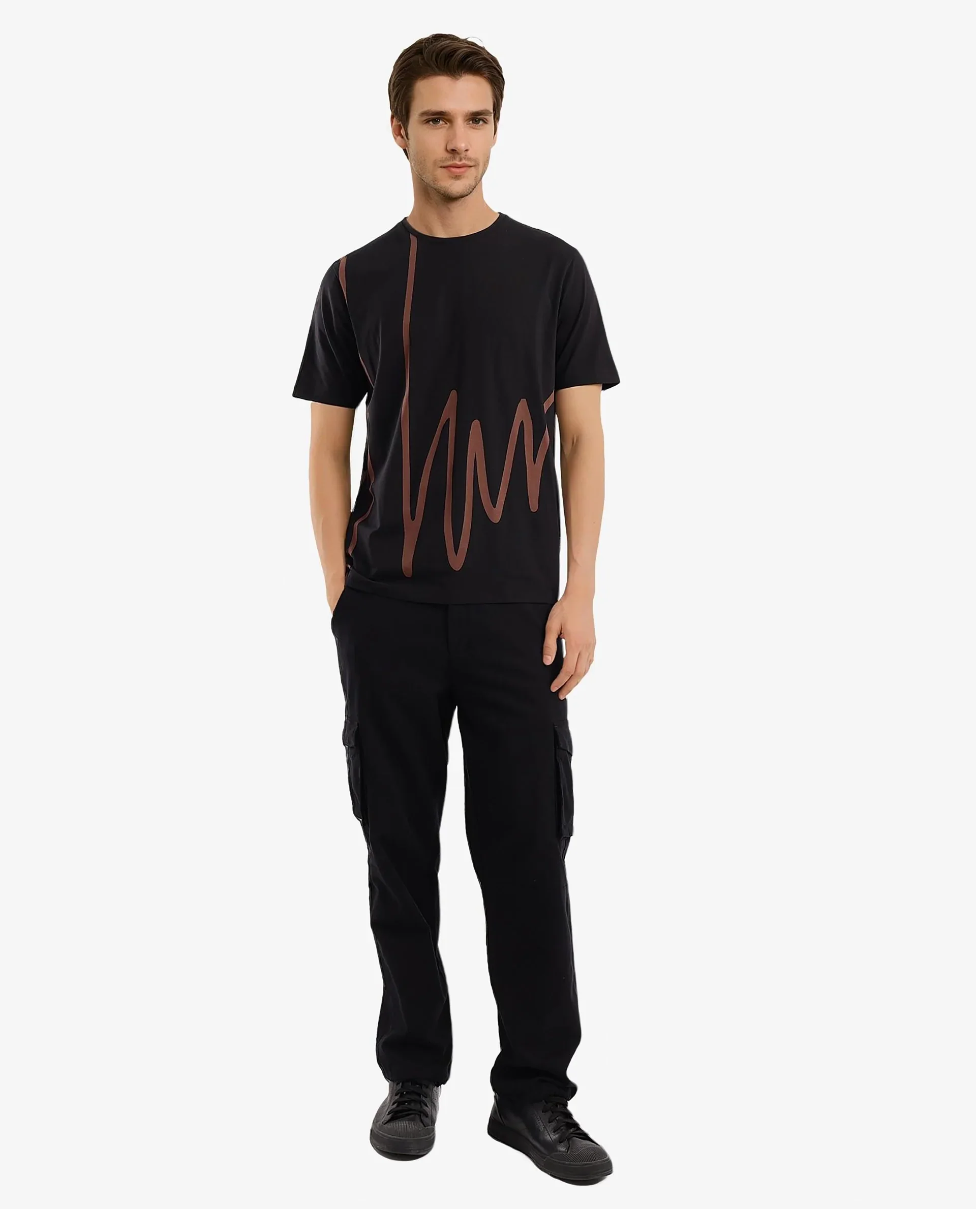 Rare Rabbit Men's Chael Black Cotton Blend Graphic Print Regular Fit Half Sleeve Crew Neck T-Shirt - Image 3