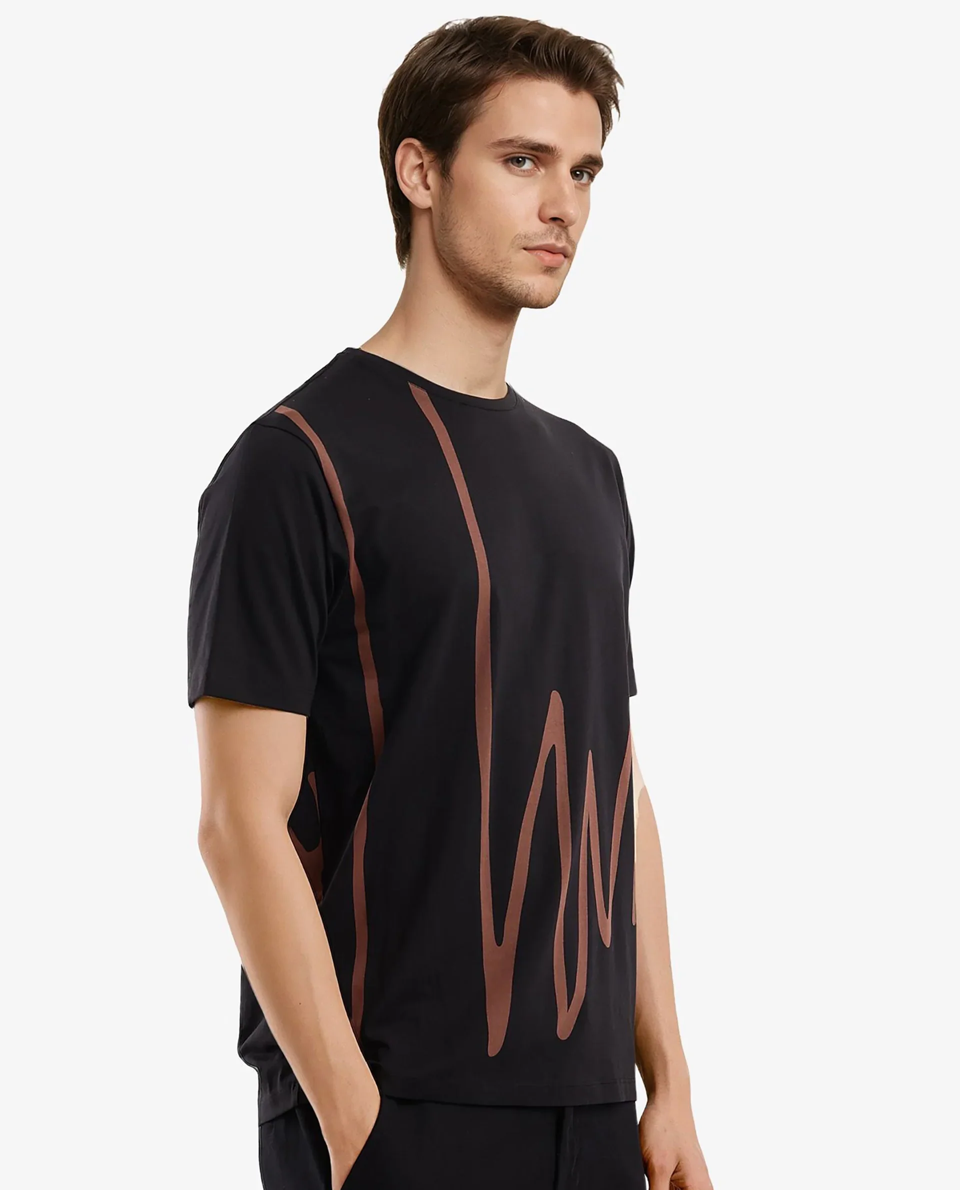 Rare Rabbit Men's Chael Black Cotton Blend Graphic Print Regular Fit Half Sleeve Crew Neck T-Shirt - Image 8