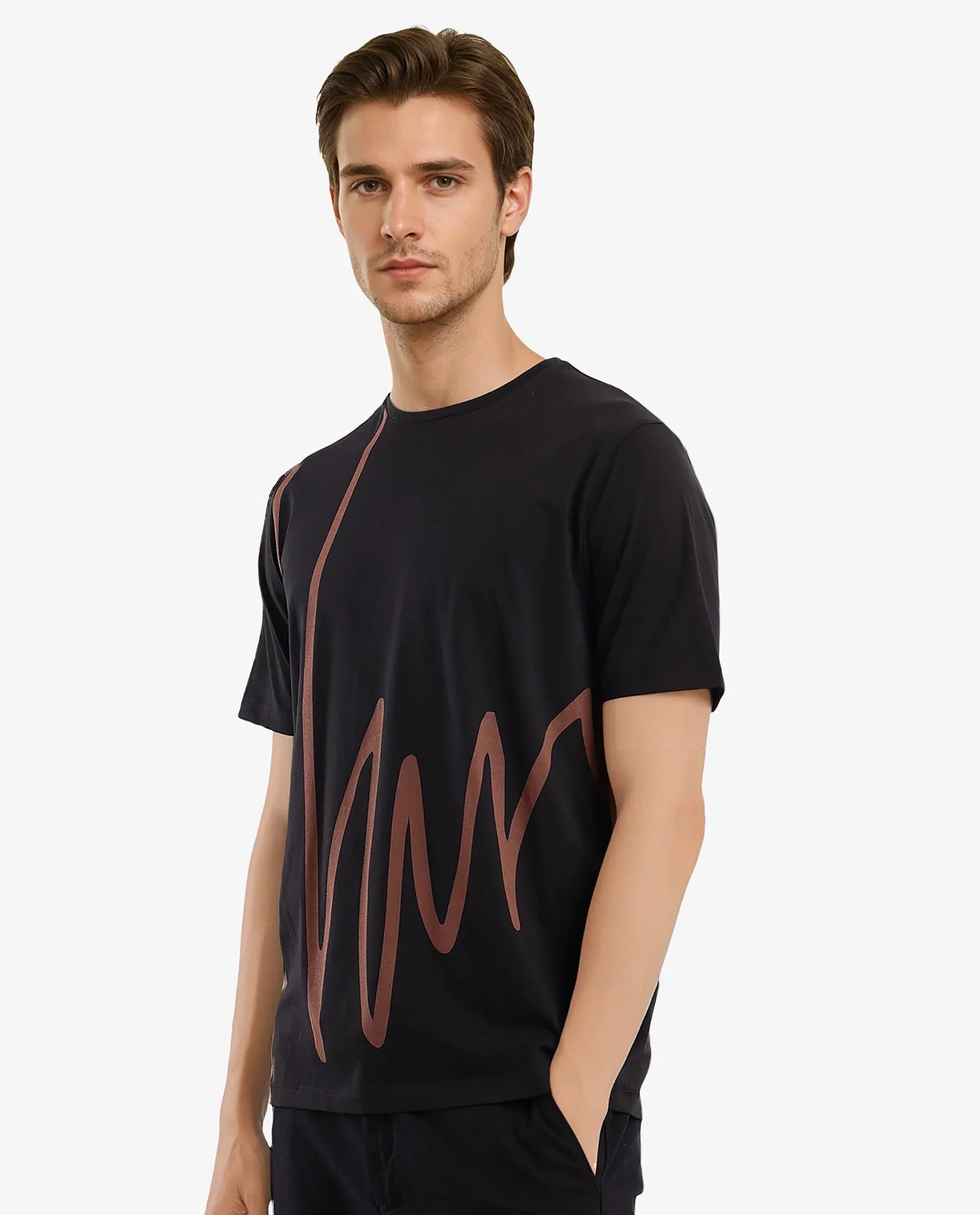 Rare Rabbit Men's Chael Black Cotton Blend Graphic Print Regular Fit Half Sleeve Crew Neck T-Shirt - Image 9