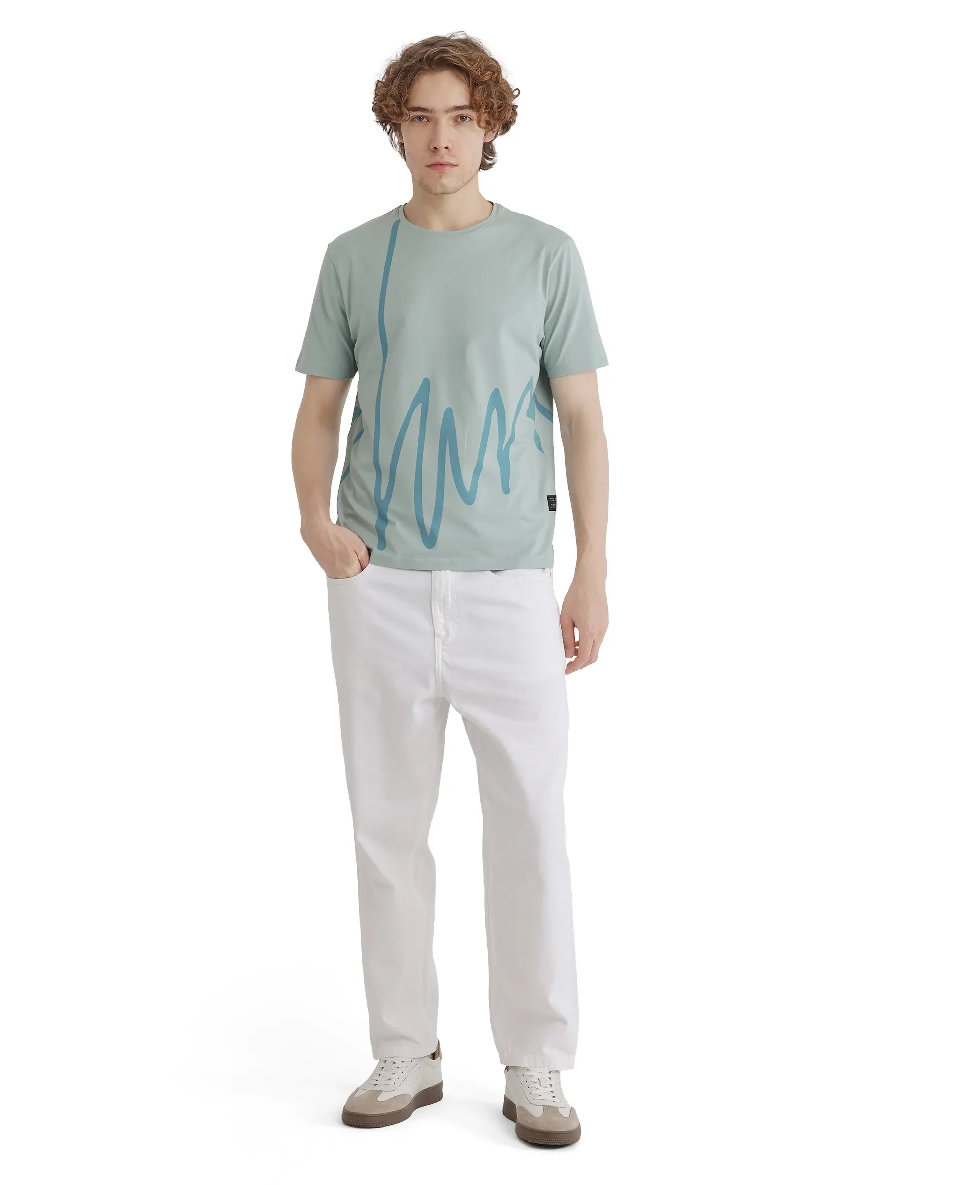 Rare Rabbit Men's Chael Dusky Green Cotton Graphic Print Regular Fit Half Sleeve Crew Neck T-Shirt - Image 2