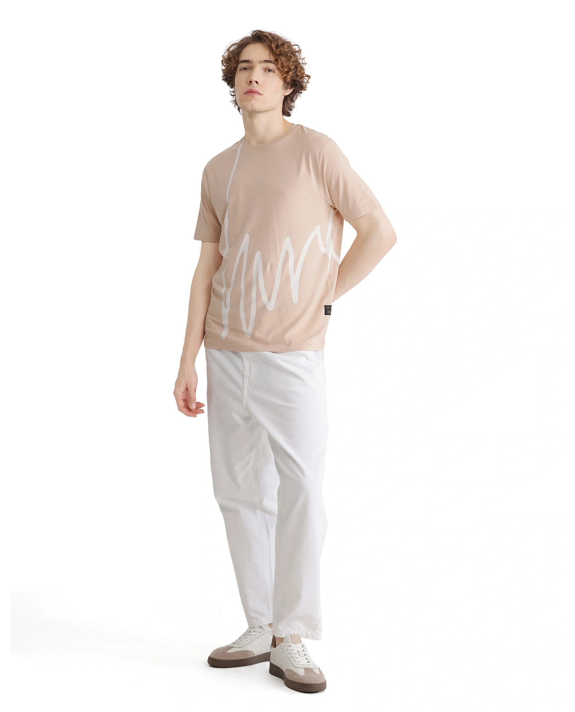 Rare Rabbit Men's Chael Peach Cotton Graphic Print Regular Fit Half Sleeve Crew Neck T-Shirt - Image 2