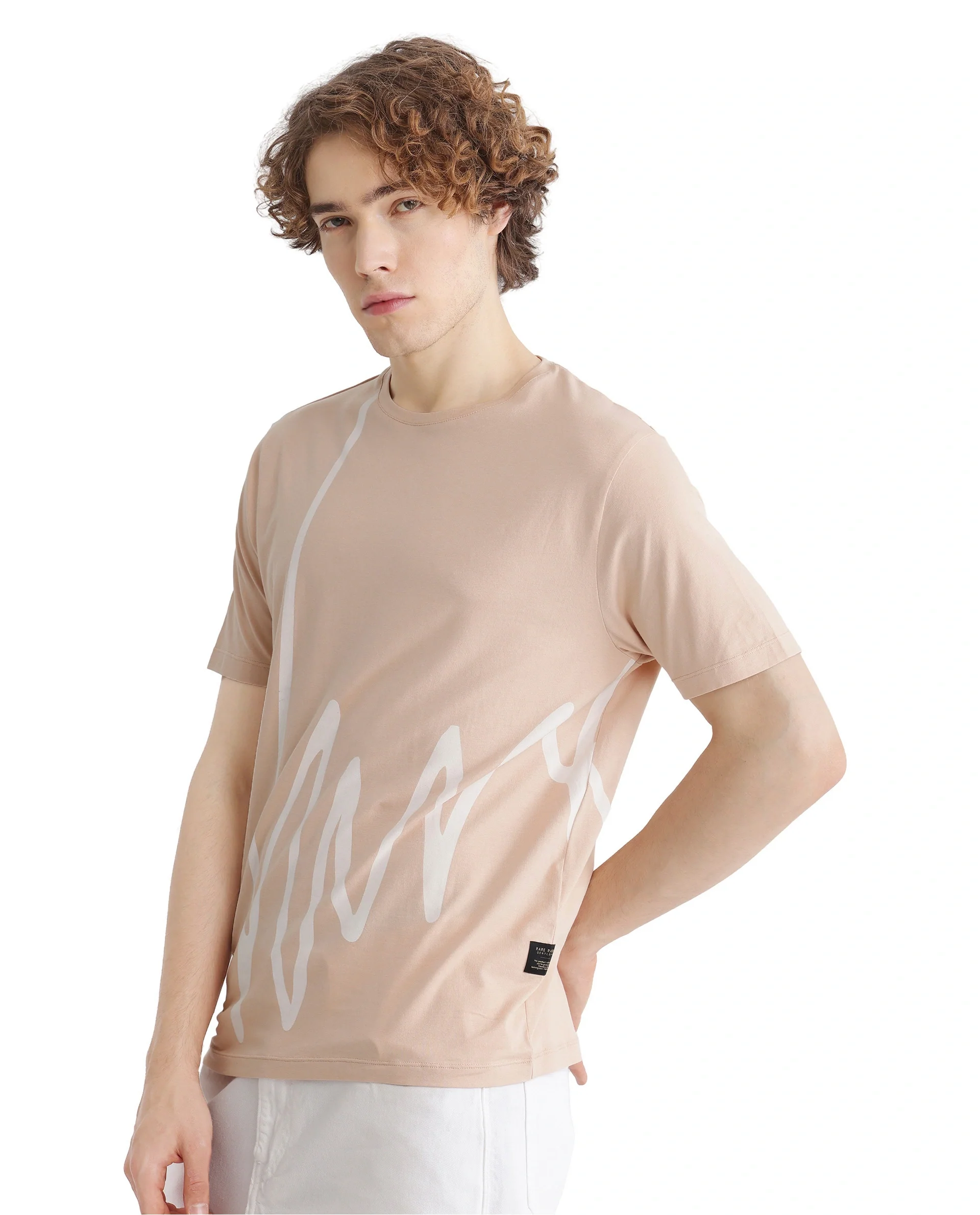 Rare Rabbit Men's Chael Peach Cotton Graphic Print Regular Fit Half Sleeve Crew Neck T-Shirt - Image 5
