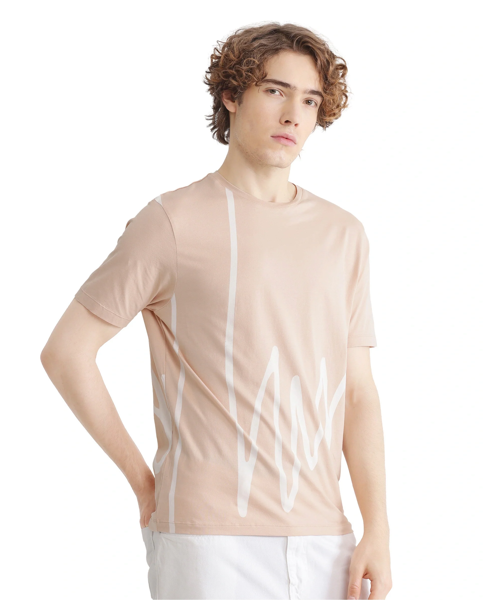 Rare Rabbit Men's Chael Peach Cotton Graphic Print Regular Fit Half Sleeve Crew Neck T-Shirt - Image 6