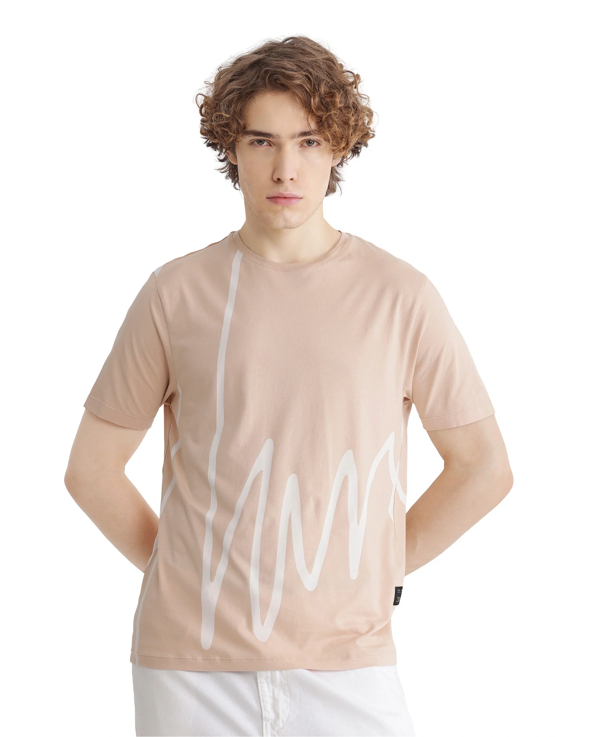 Rare Rabbit Men's Chael Peach Cotton Graphic Print Regular Fit Half Sleeve Crew Neck T-Shirt - Image 8