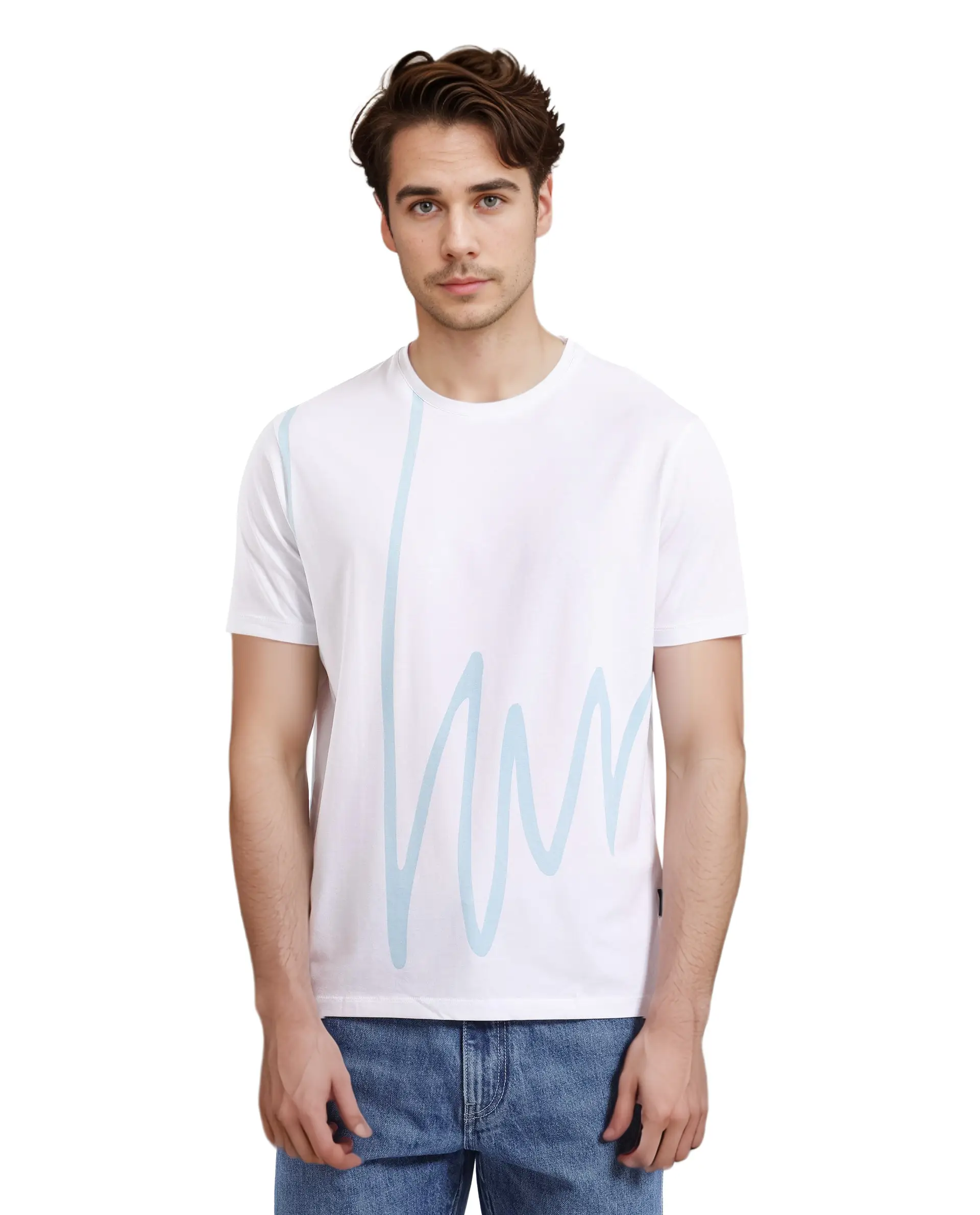 Rare Rabbit Men's Chael White Cotton Blend Graphic Print Regular Fit Half Sleeve Crew Neck T-Shirt - Image 2