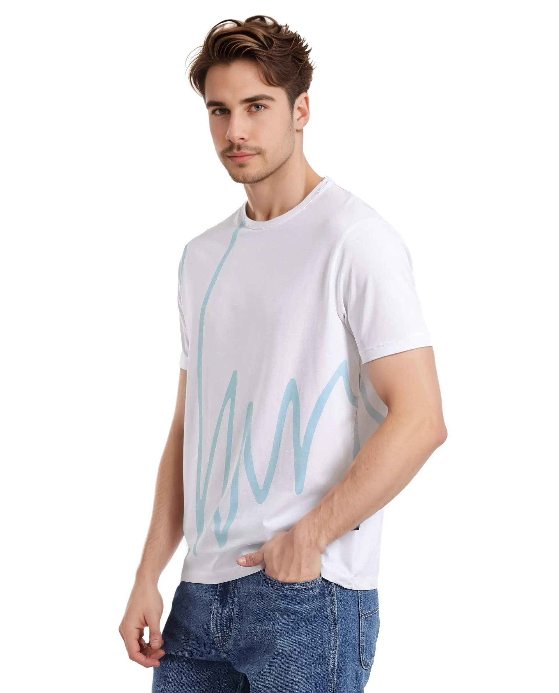 Rare Rabbit Men's Chael White Cotton Blend Graphic Print Regular Fit Half Sleeve Crew Neck T-Shirt - Image 7