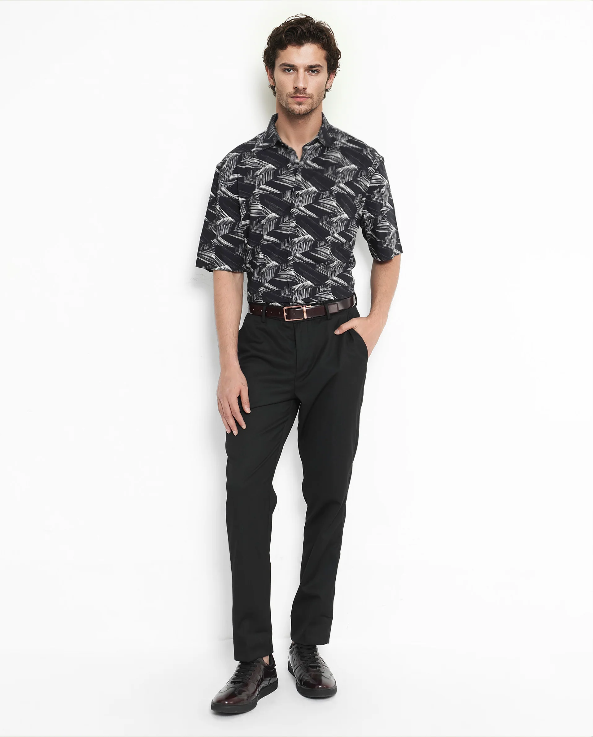 Rare Rabbit Men's Chain Black Viscose Abstract Print Regular Fit Half Sleeve Collared Shirt - Image 2