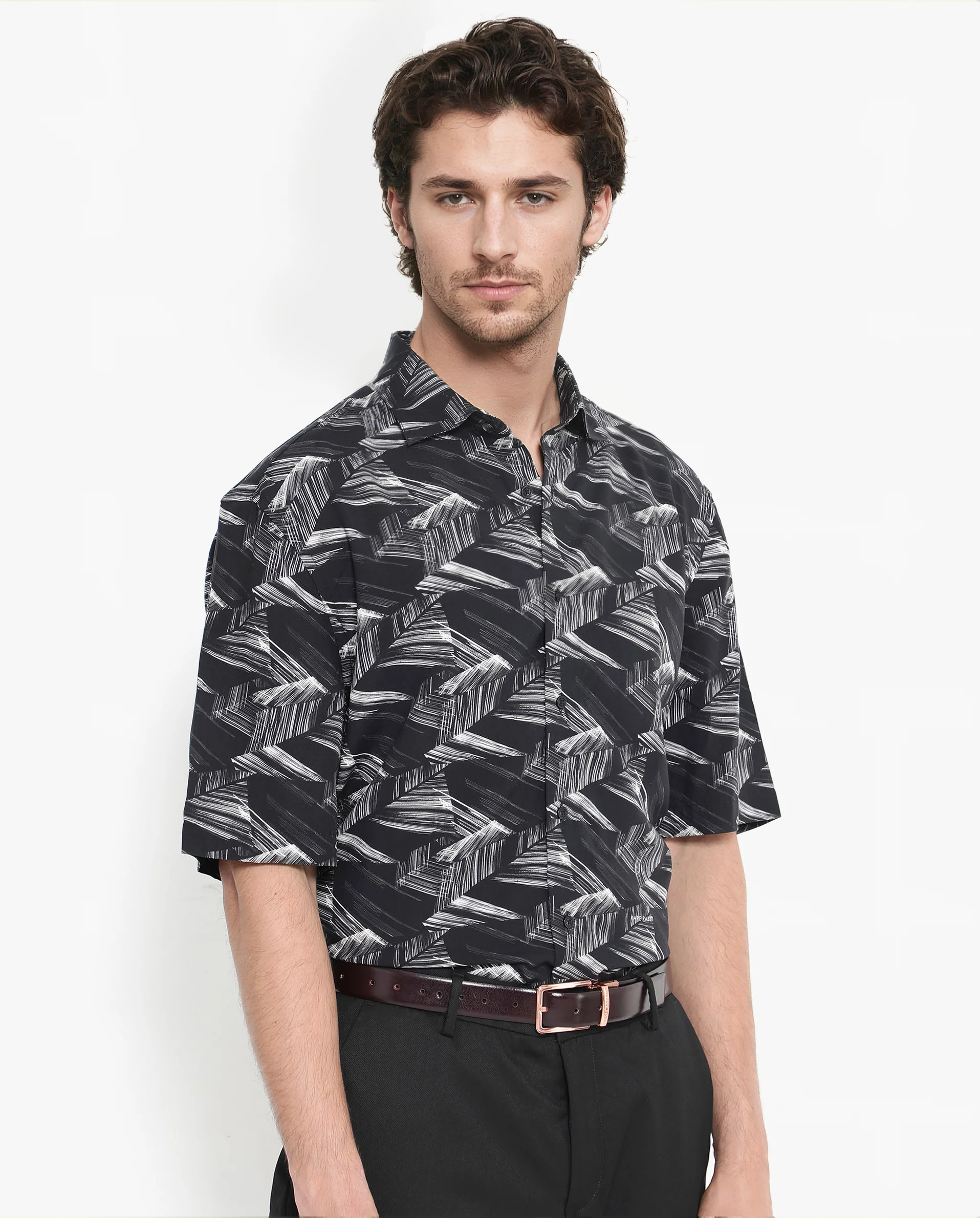 Rare Rabbit Men's Chain Black Viscose Abstract Print Regular Fit Half Sleeve Collared Shirt - Image 3