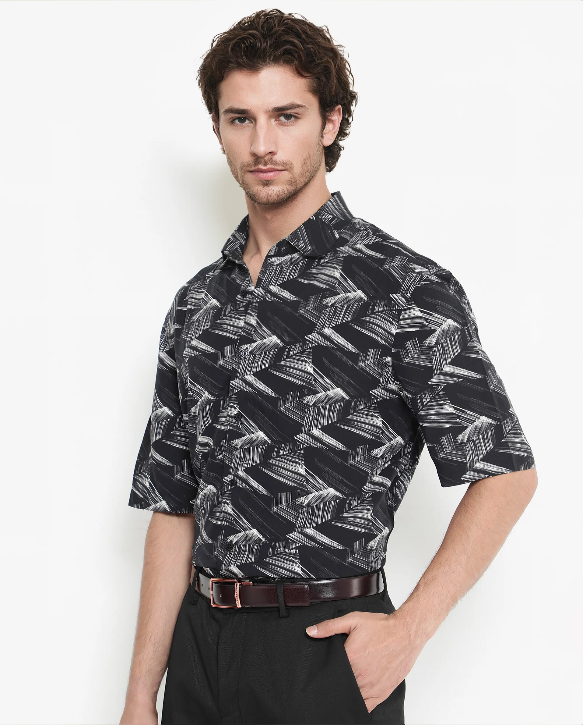 Rare Rabbit Men's Chain Black Viscose Abstract Print Regular Fit Half Sleeve Collared Shirt - Image 5