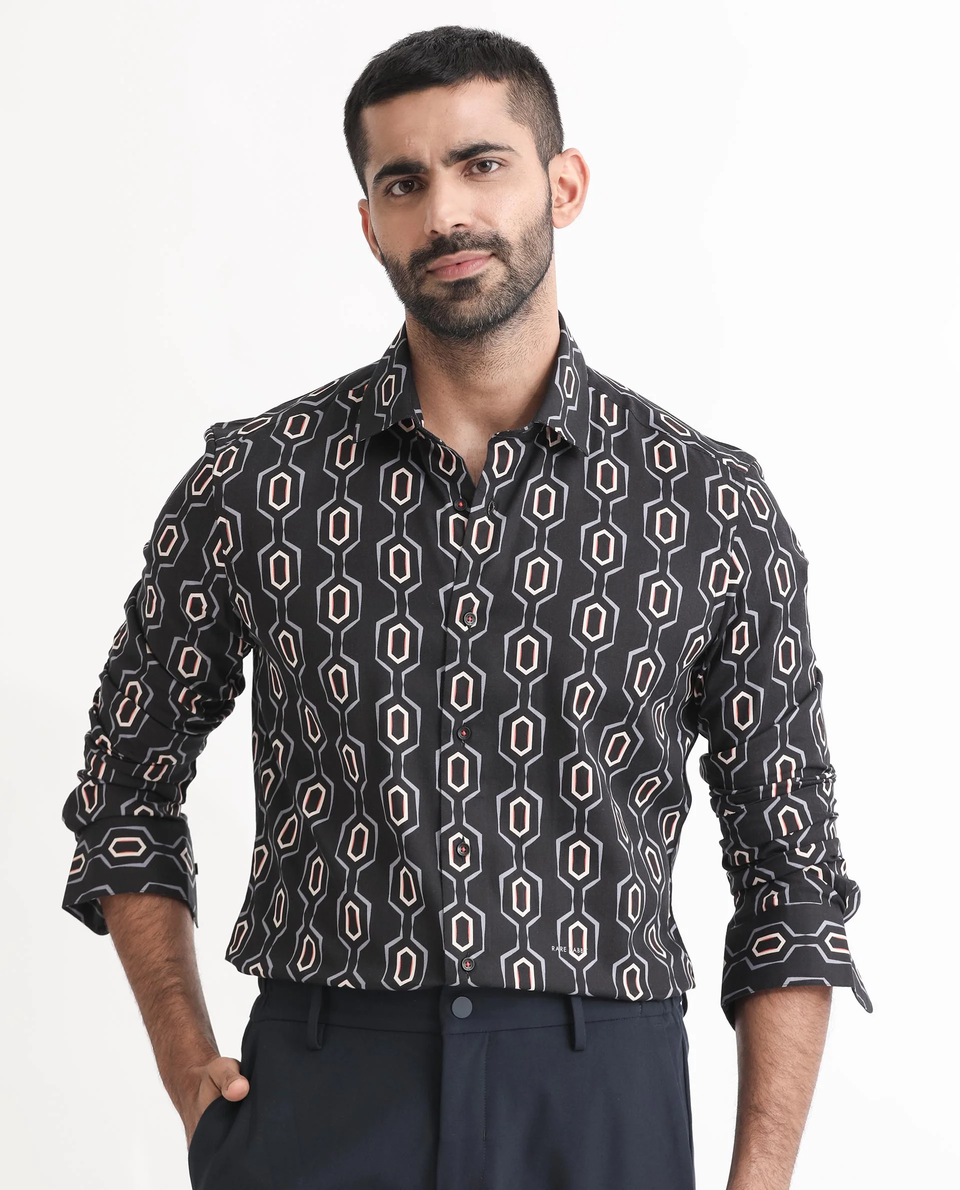 Rare Rabbit Men's Chains Black Modal Geometric Print Tailored Fit Full Sleeve Spread Collar Shirt
