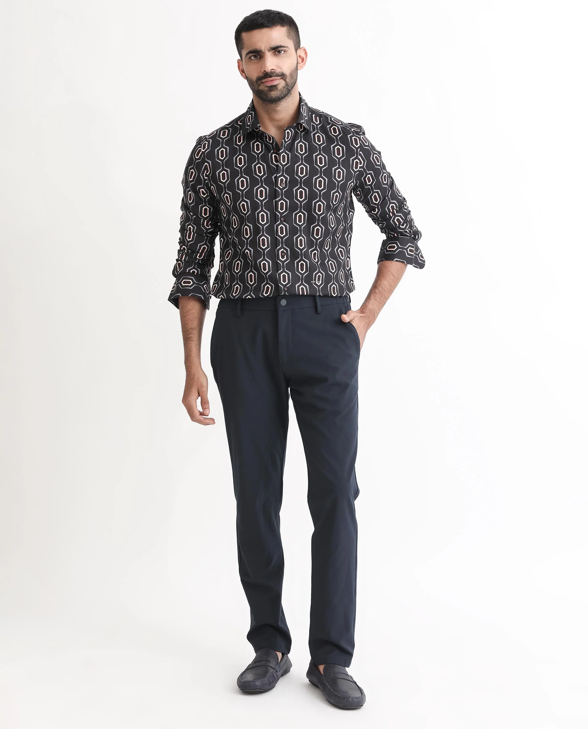 Rare Rabbit Men's Chains Black Modal Geometric Print Tailored Fit Full Sleeve Spread Collar Shirt - Image 2