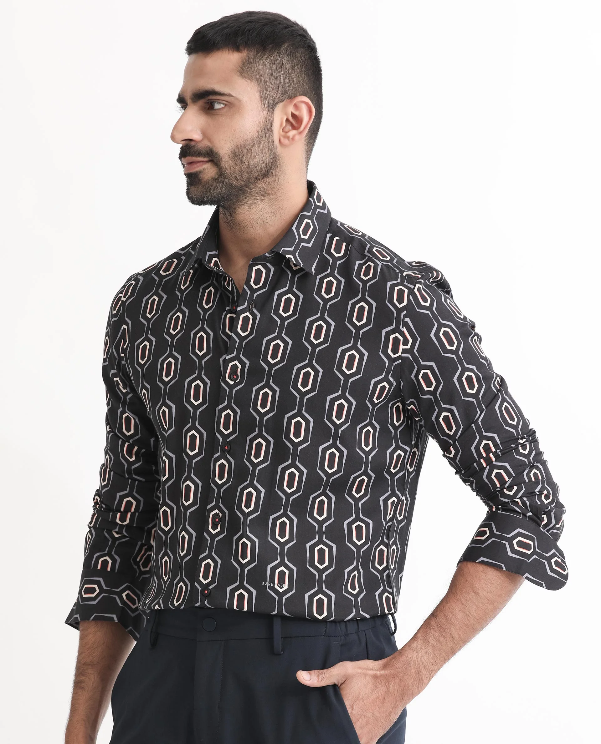 Rare Rabbit Men's Chains Black Modal Geometric Print Tailored Fit Full Sleeve Spread Collar Shirt - Image 3
