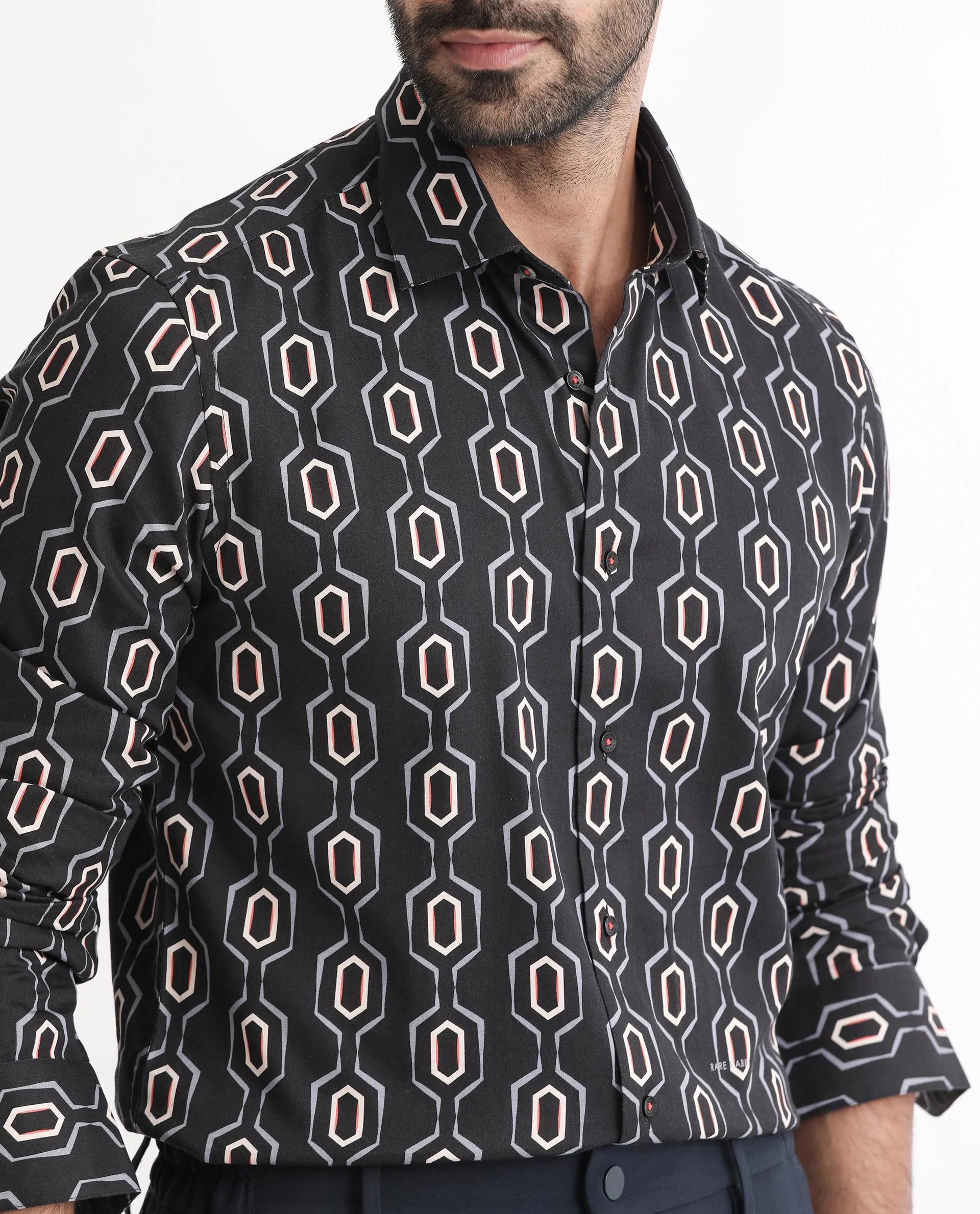 Rare Rabbit Men's Chains Black Modal Geometric Print Tailored Fit Full Sleeve Spread Collar Shirt - Image 4