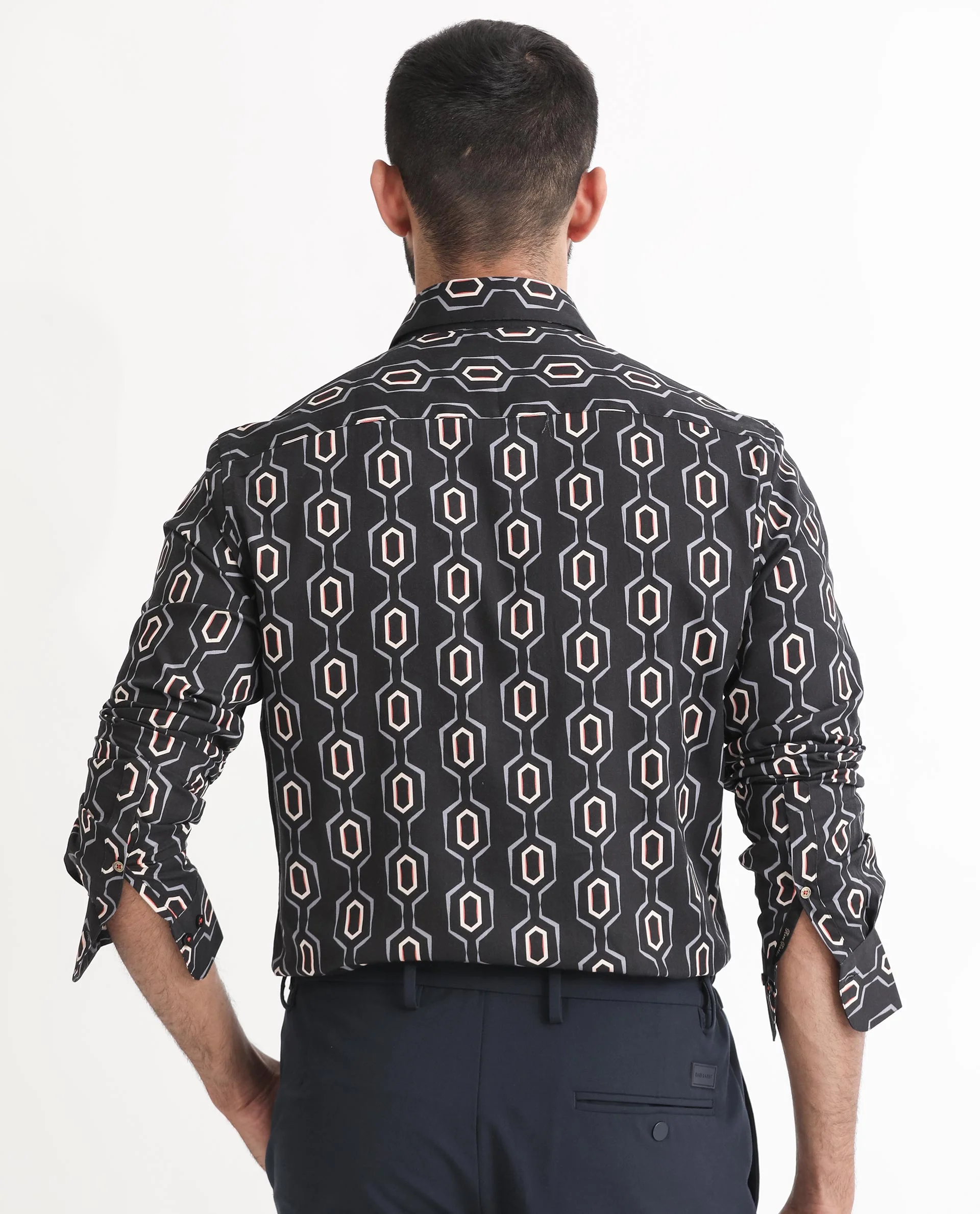 Rare Rabbit Men's Chains Black Modal Geometric Print Tailored Fit Full Sleeve Spread Collar Shirt - Image 6