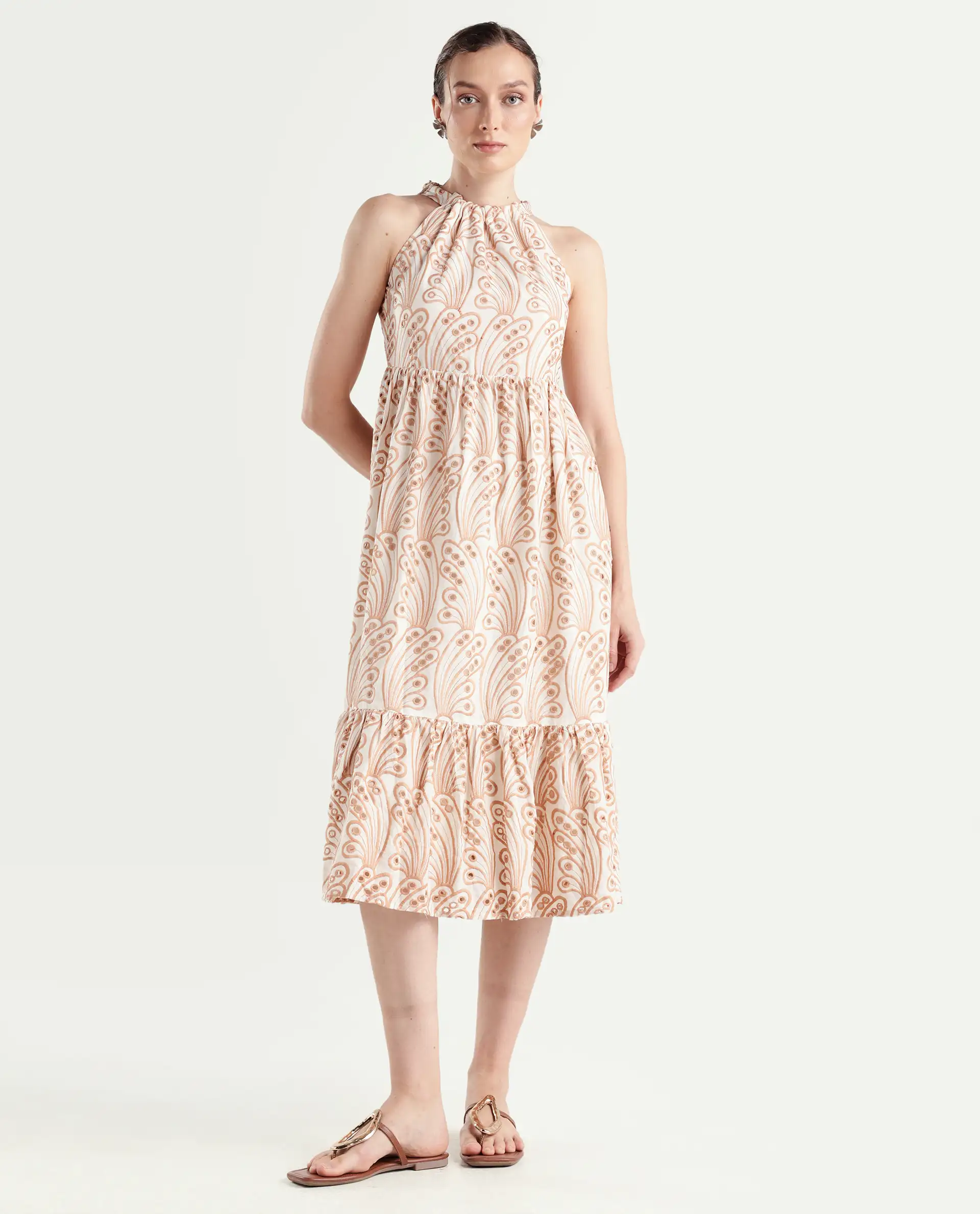 Rareism Women's Chalco Beige Cotton Blend Halter Neck Schiffli Sleeveless Maxi Fit And Flare Dress - Image 2