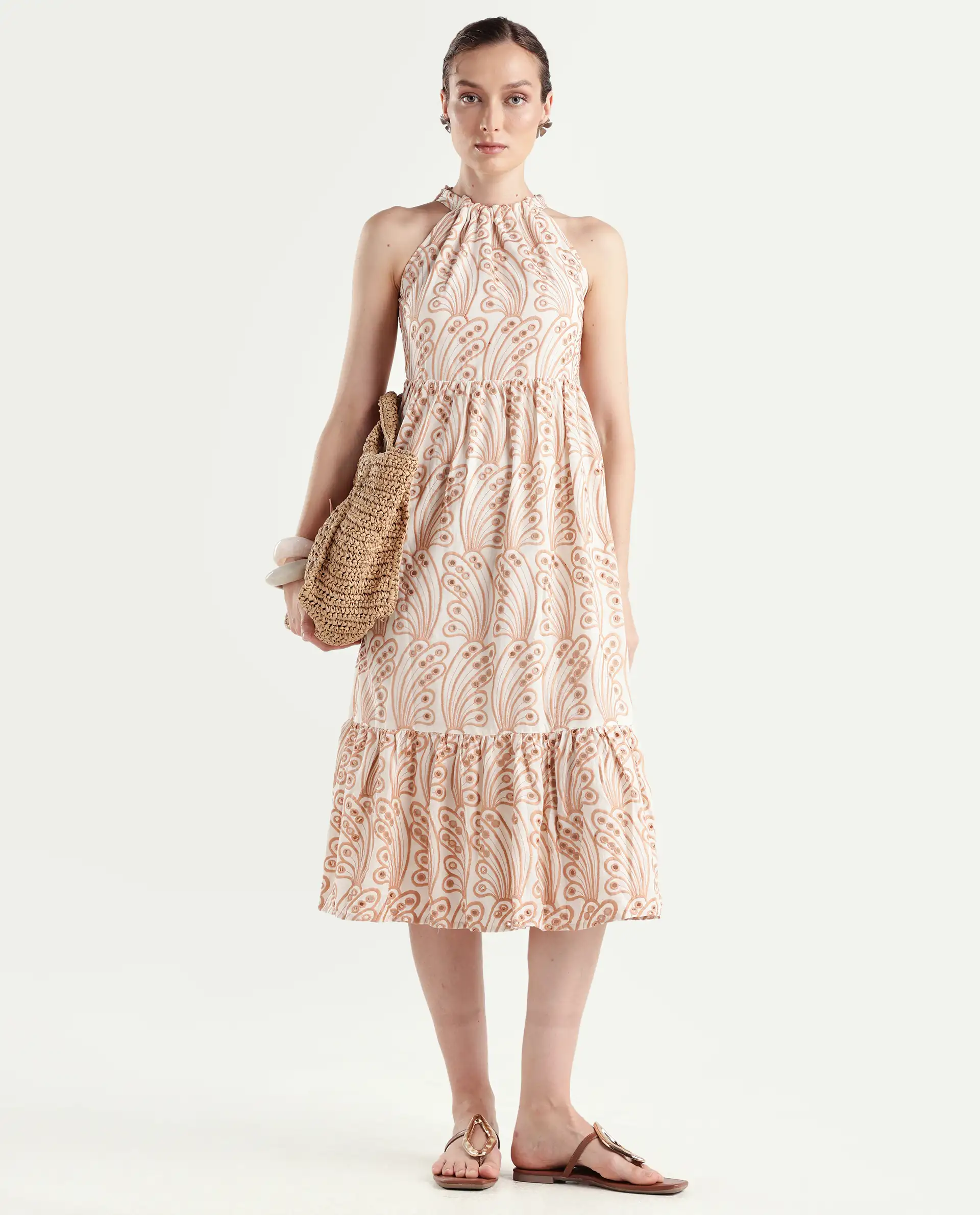 Rareism Women's Chalco Beige Cotton Blend Halter Neck Schiffli Sleeveless Maxi Fit And Flare Dress - Image 3