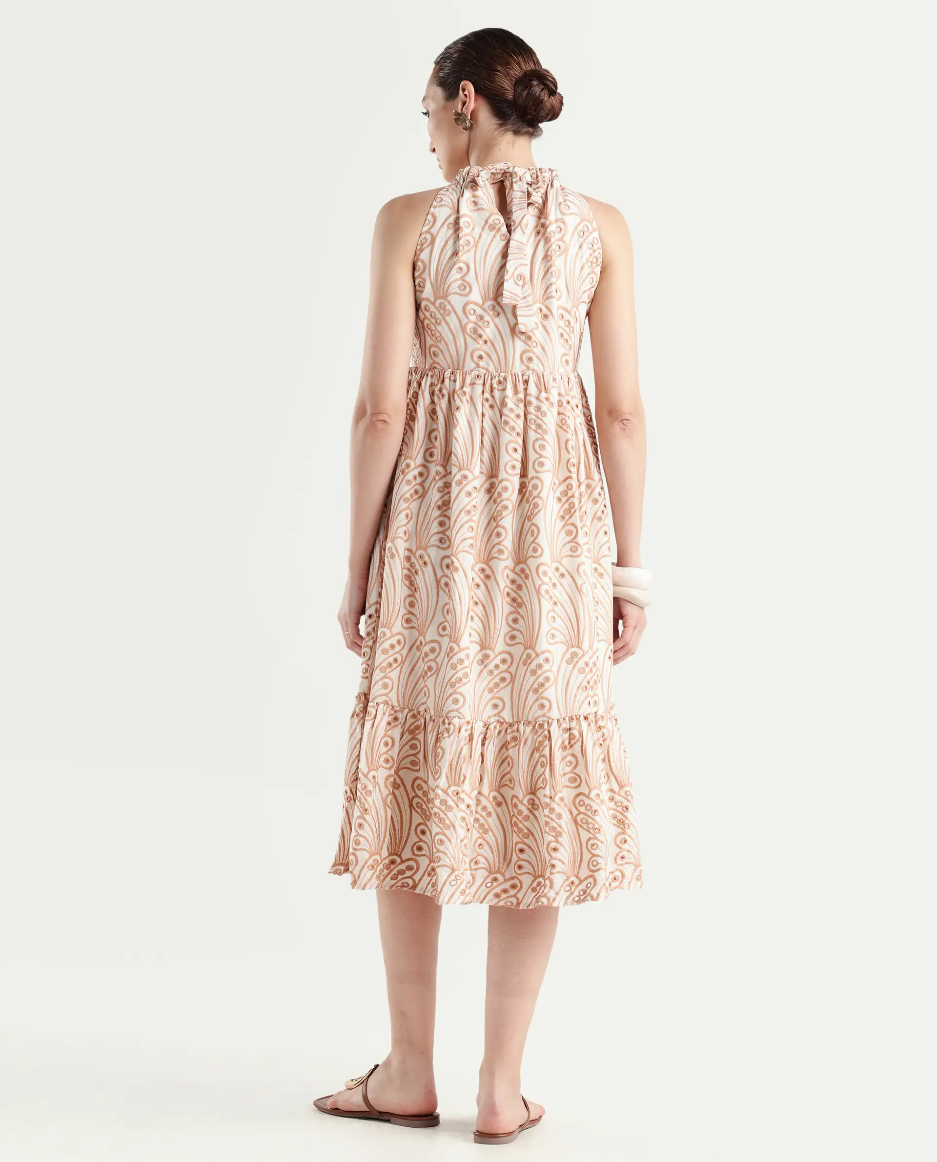 Rareism Women's Chalco Beige Cotton Blend Halter Neck Schiffli Sleeveless Maxi Fit And Flare Dress - Image 7