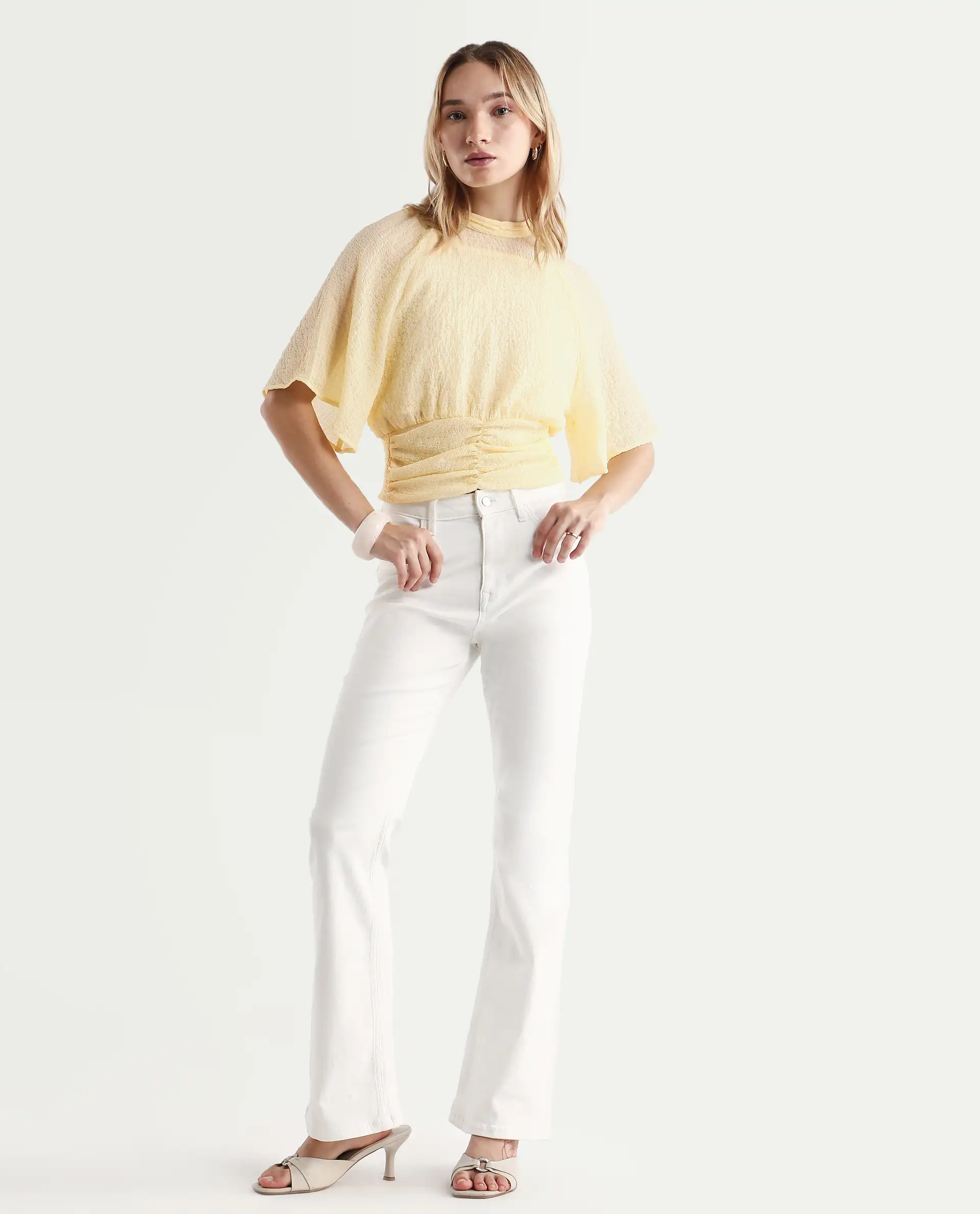 Rareism Women's Chalsey Yellow Polyester Crew Neck Plain Raglan Sleeve Crop Regular Fit Top - Image 2