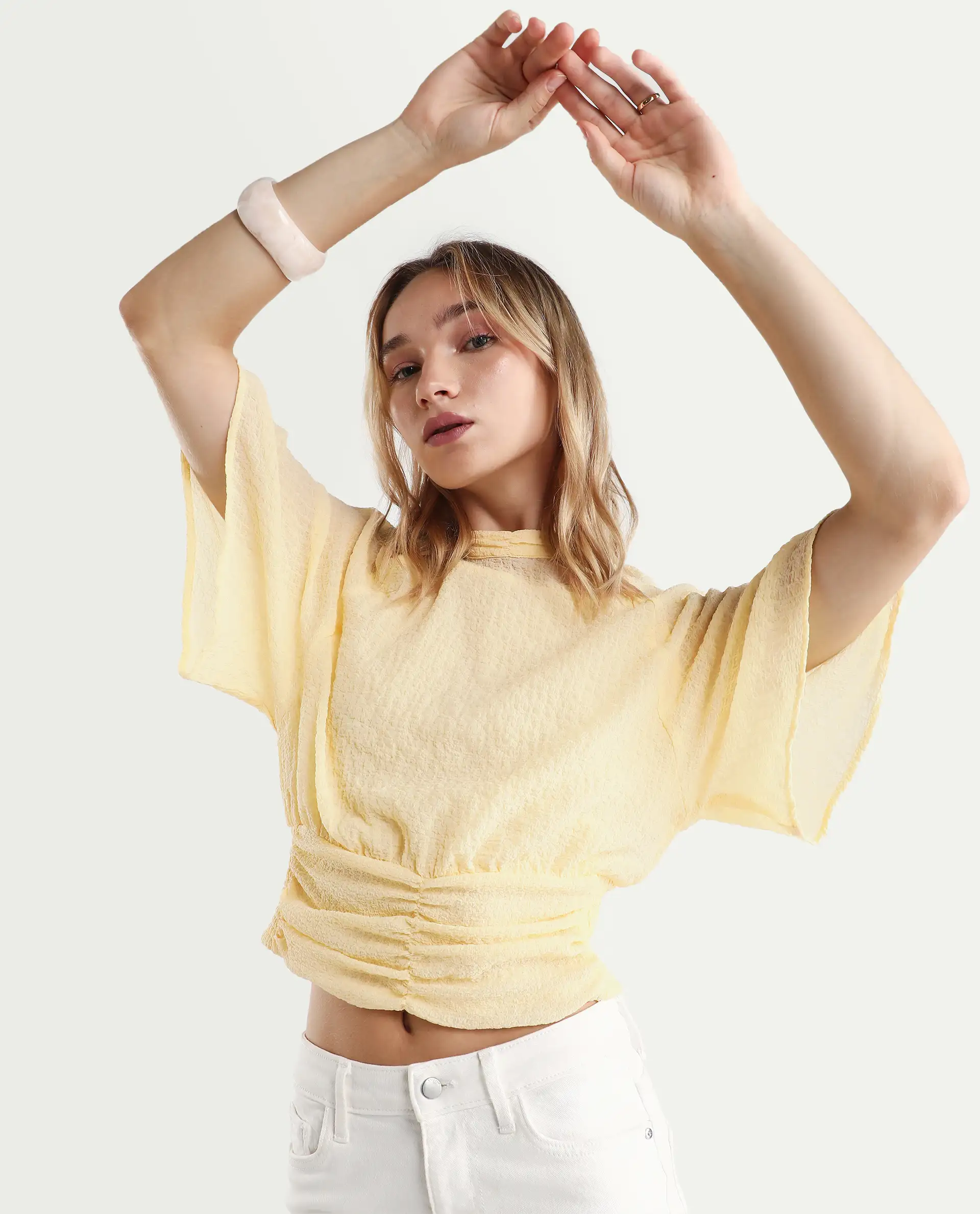 Rareism Women's Chalsey Yellow Polyester Crew Neck Plain Raglan Sleeve Crop Regular Fit Top - Image 3