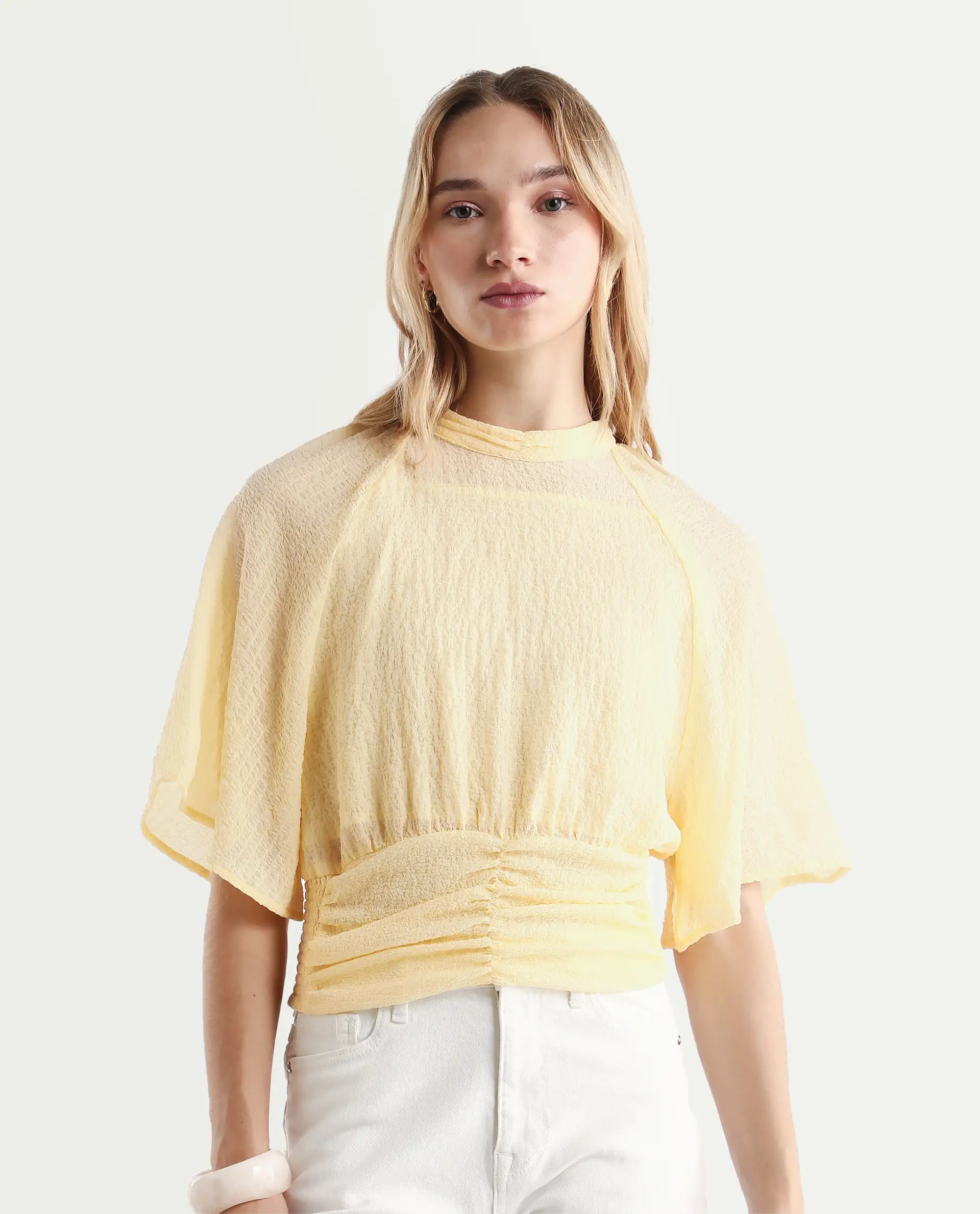 Rareism Women's Chalsey Yellow Polyester Crew Neck Plain Raglan Sleeve Crop Regular Fit Top - Image 5